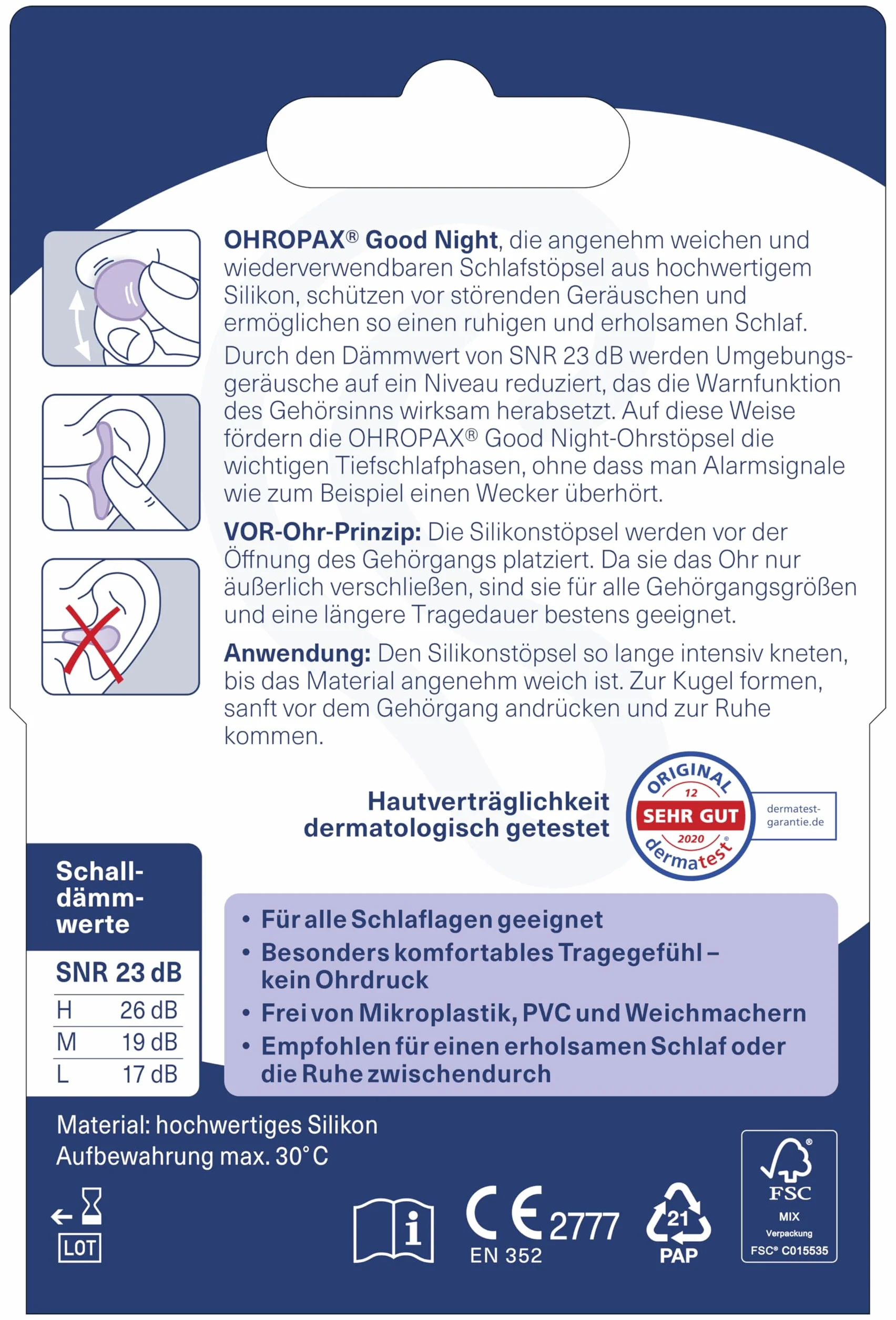 OHROPAX Good Night zatyczki do uszu do spania – silikonowe zatyczki do uszu do spania – nadają się do wszystkich uszu i wszystkich pozycji spania – wartość izolacji akustycznej SNR 23 dB – 8 sztuk