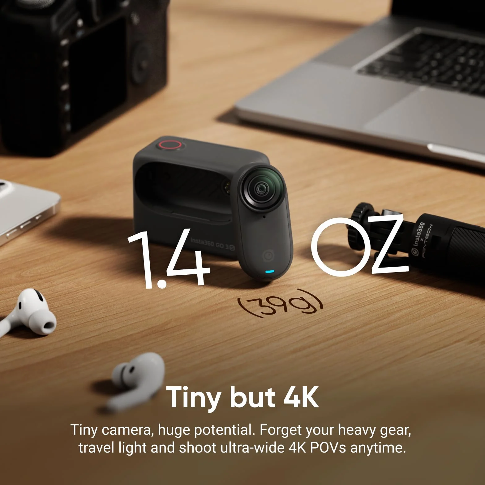Insta360 GO 3S POV zestaw rowerowy czarny 128 GB kamera vlogowa 4K wodoodporna 10M bateria 140 min edycja AI Apple Find My