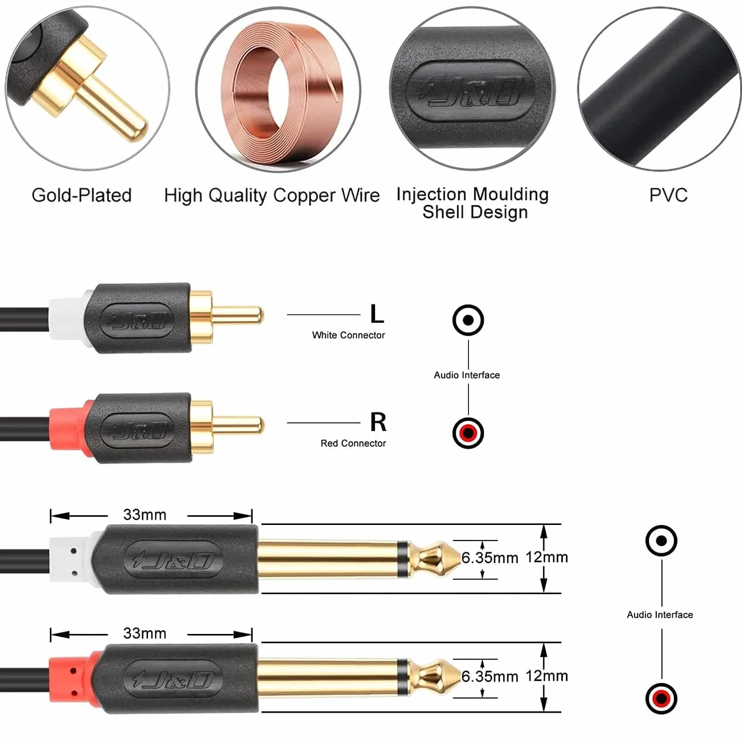 J&D Podwójny 1/4 Calowy TS do Podwójnego RCA Stereo Audio Interconnect Kabel, Złocony Audiowave Series 2 x 6.35 mm Męski TS do 2 RCA Męski Kabel Adaptera PVC, 1,8 Meter