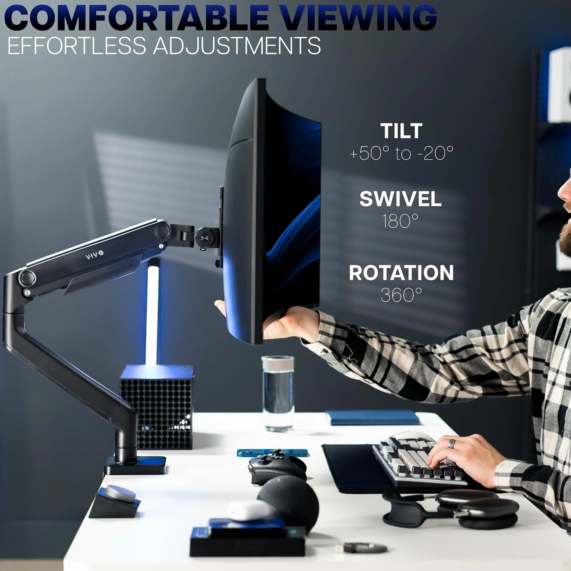 VIVO Wytrzymałe aluminiowe ramię napinające do monitora 124.5 cm, nośność 20 kg, stojak na biurko Samsung Odyssey G9, czarny STAND-V101V