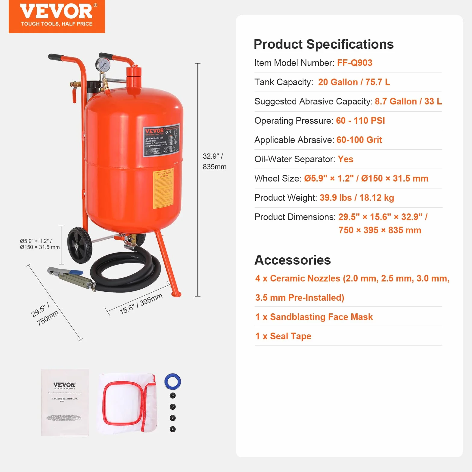 VEVOR Przenośna piaskarka, 75,7 l, piaskarka ok. 244 cm, wąż roboczy, piaskarka, ciśnienie robocze 60-110 psi, idealne do usuwania rdzy, farby, plam i polerowania dużych powierzchni