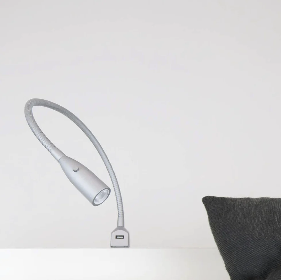kalb Material für Möbel Elastyczna lampka do czytania LED/lampka do czytania LED ze zintegrowaną funkcją ładowania USB, anodowane aluminium / srebrnoszare (1 lub 2 sztuki w zestawie anodowane