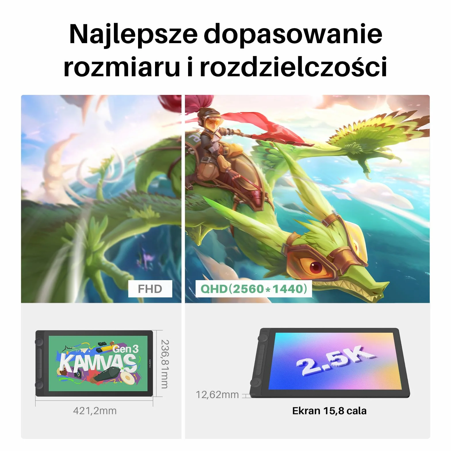 HUION KAMVAS 16 (Gen 3) Tablet graficzny z ekranem 15,8 cala 2,5K QHD 99% sRGB PenTech 4.0 16384 nacisku pióra