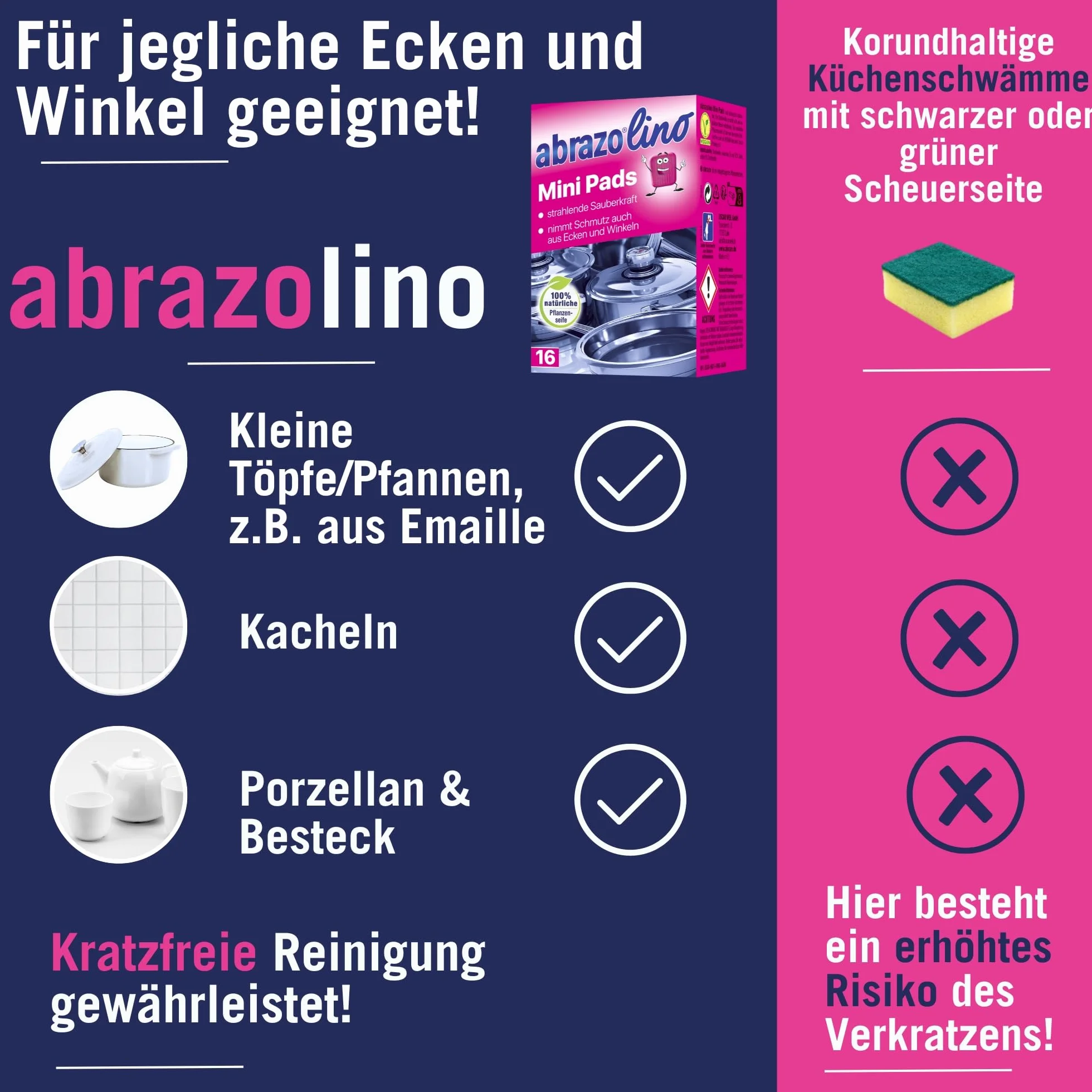 abrazo abrazolino – 16 poduszek do czyszczenia garnków, grilla, piekarnika, poręczna gąbka do mycia naczyń z wegańskim mydłem roślinnym, gąbką kuchenną, gąbką do czyszczenia