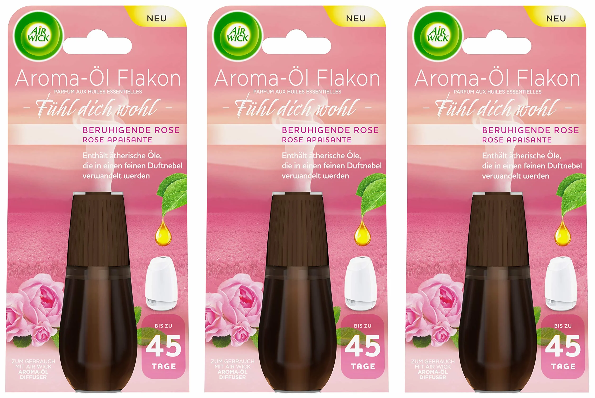 Air Wick olejek aromatyczny Flakon kojąca róża 3 szt. (3 x 20 ml), wkład do dyfuzora olejków aromatycznych