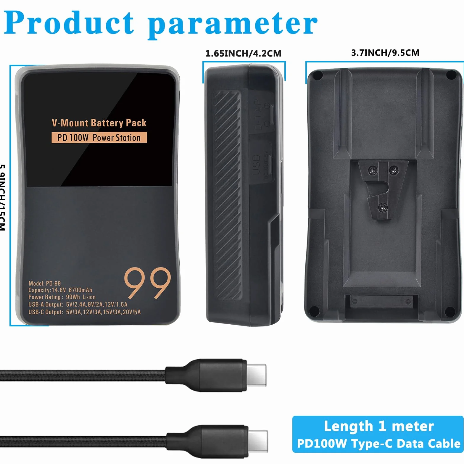 V Mount/V-Lock akumulator 99 Wh 6700 mAh Mini V-Mount akumulator z PD 100 W USB-C kabel do szybkiego ładowania i wtyczka PD 65 W do kamkordera, aparatu, monitora polowego, oświetlenia wideo