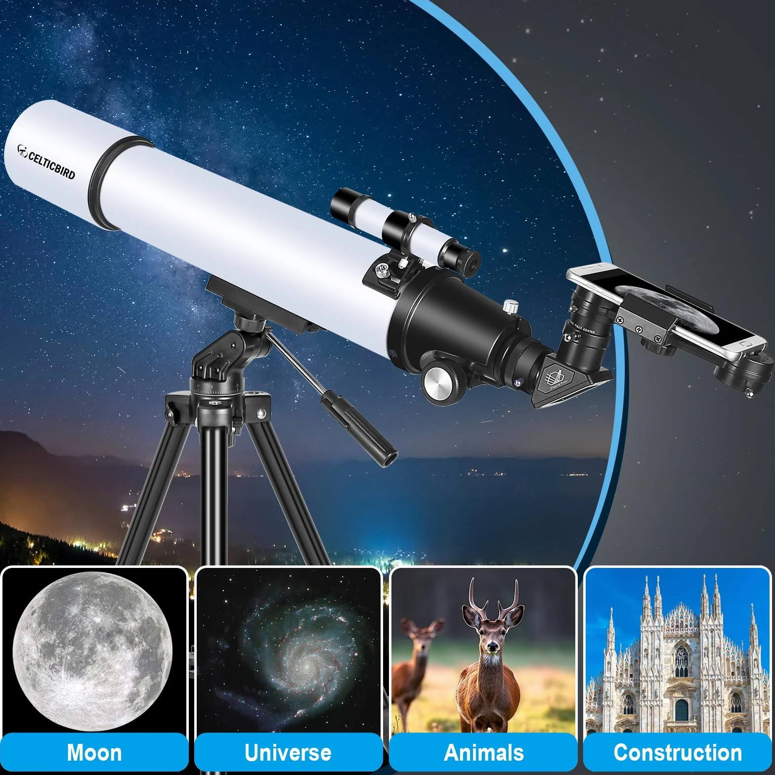 CELTICBIRD Teleskop refraktora 900 80 mm AZ dla dorosłych