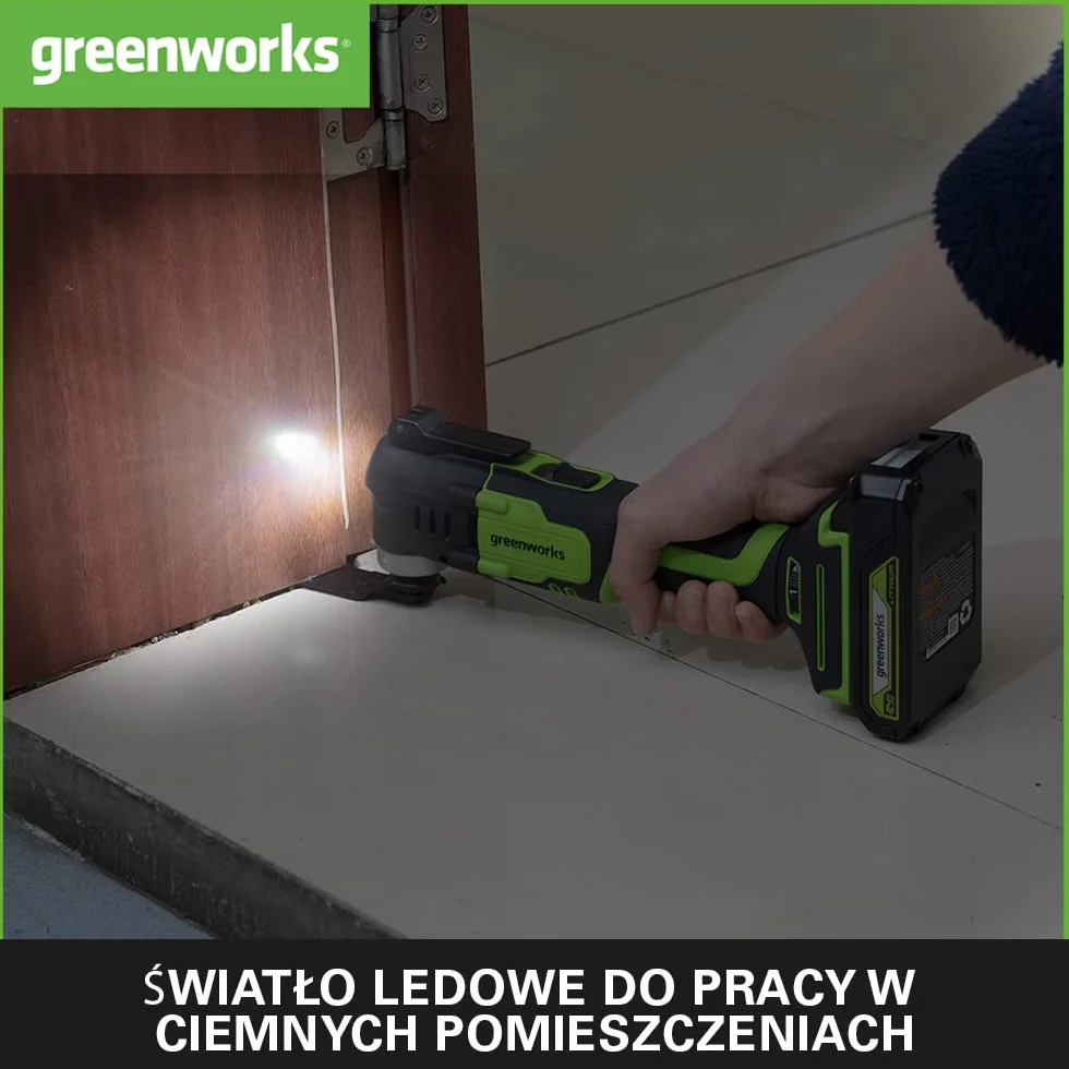 Greenworks 24V Narzędzie wielofunkcyjne G24MT (Li-Ion 24V 18000 drgań na minutę 3° łuk oscylacyjny regulacja prędkości beznarzędziowa wymiana osprzętu lampka LED bez akumulatora i ładowarki)