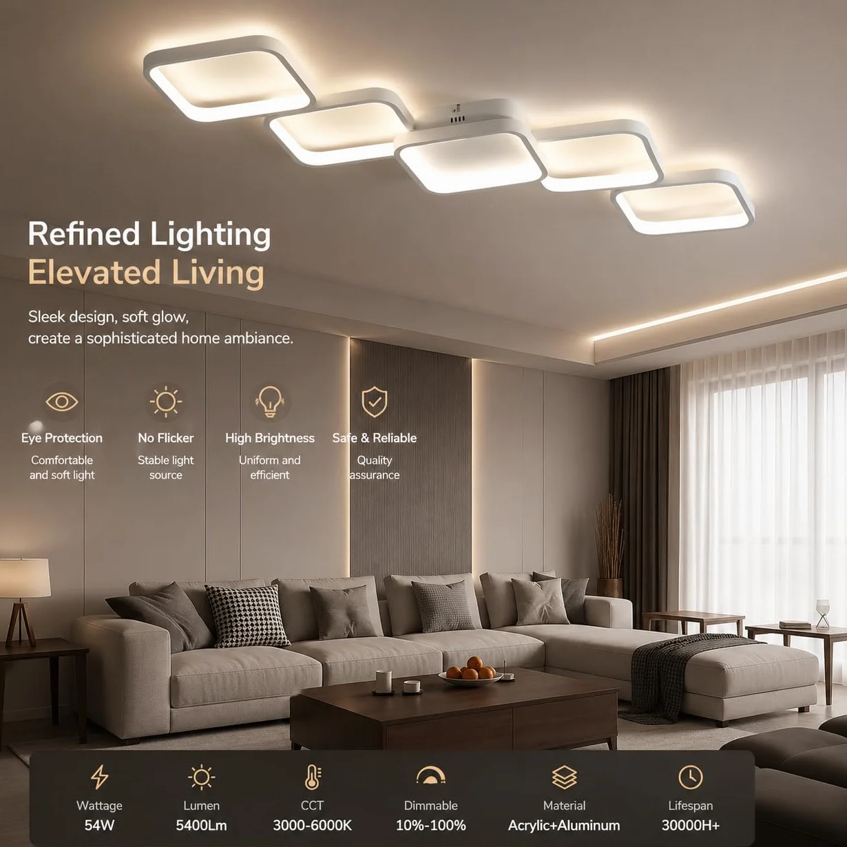 Ściemnialna Lampa Sufitowa LED 54W z pilotem i aplikacją, Biały Nowoczesna Lampa do Salonu, Sypialni, Przedpokoju, Kuchni, 5400LM, Regulacja Temperatury Barwowej 3000K-6000K, Pamięć Ustawień