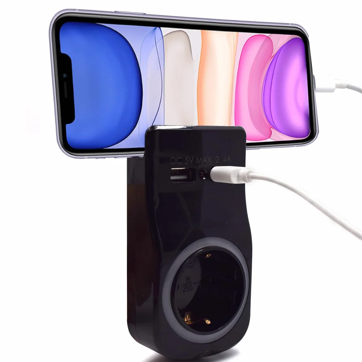 Podwójna wtyczka do gniazdka z USB, gniazdo wtykowe z 1 zestykiem ochronnym 16 A i 2 wtyczkami sieciowymi USB, adapter do laptopa/smartfona, multiplug do domu i biura, wskaźnik LED, czujnik dnia i