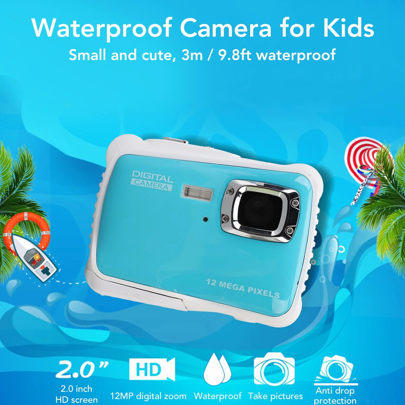Aparat Podwodny, Wodoodporny Aparat Dziecięcy 12 MP HD, Aparat Cyfrowy, Ekran 2,0 Cala, Zoom Cyfrowy 8X, Wiele Funkcji, głębokość Pod wodą 3 M, Mocna Lampa Błyskowa, Pielęgnuj