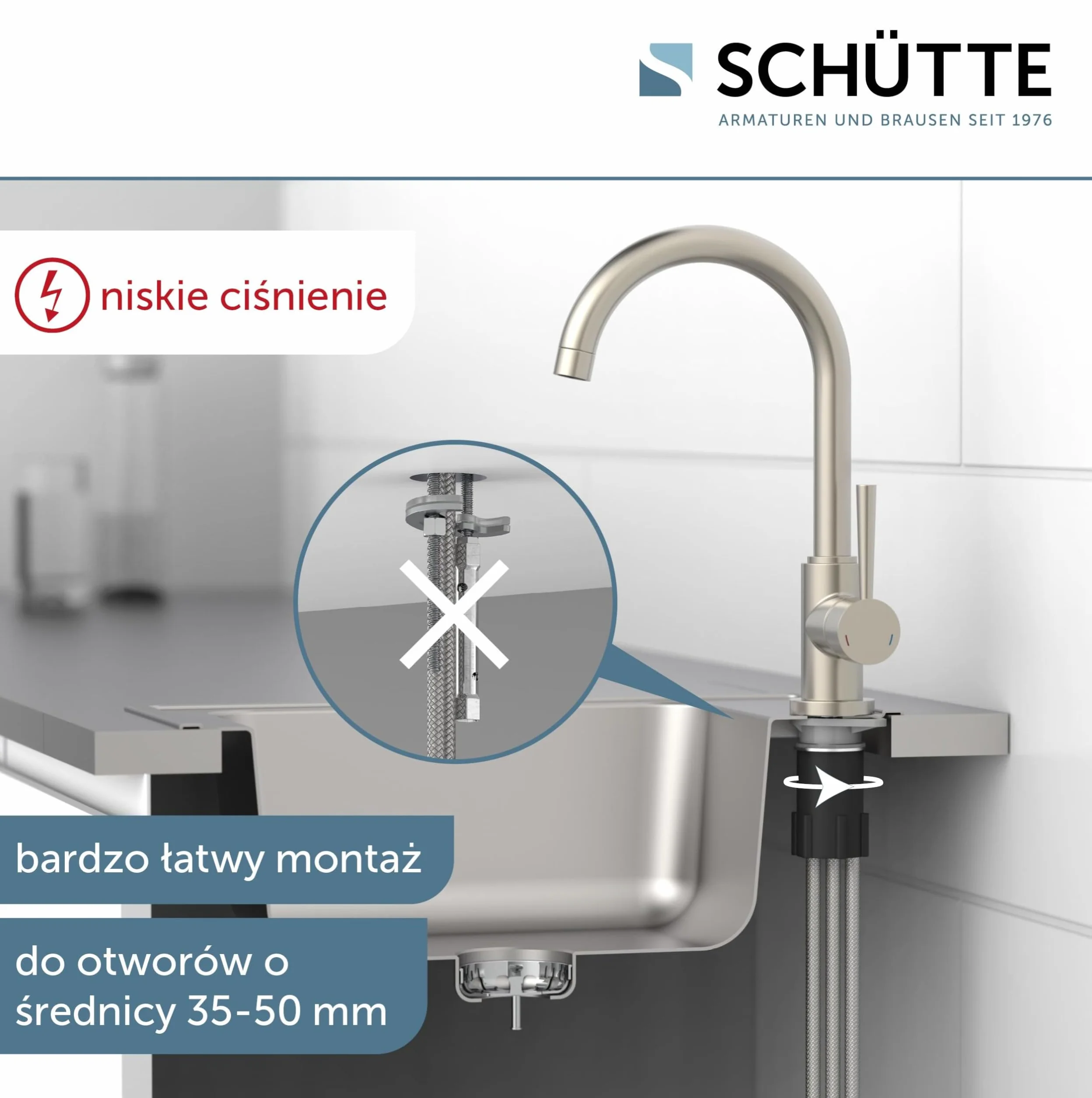 SCHÜTTE 79129 CORNWALL armatura kuchenna niskociśnieniowa, bateria zlewozmywakowa z wysokim wylewką, jednouchwytowa, energooszczędna, obracana o 360°, kran kuchenny, armatura zlewozmywakowa, stal
