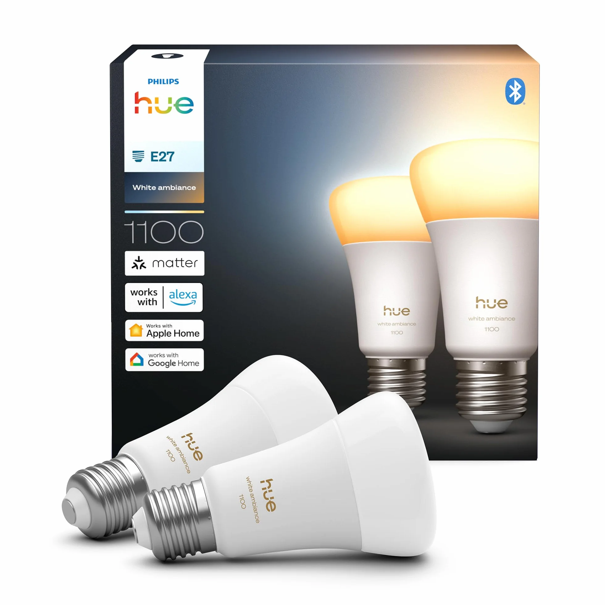 Żarówka Philips Hue Smart LED A60, White Ambiance, trzonek E27, 8,1 W, pełne spektrum światła 1000K–20000K, 1100 lumenów, przyciemnianie, działa z Alexa, Google Assistant i Apple Home, op. 2 szt.