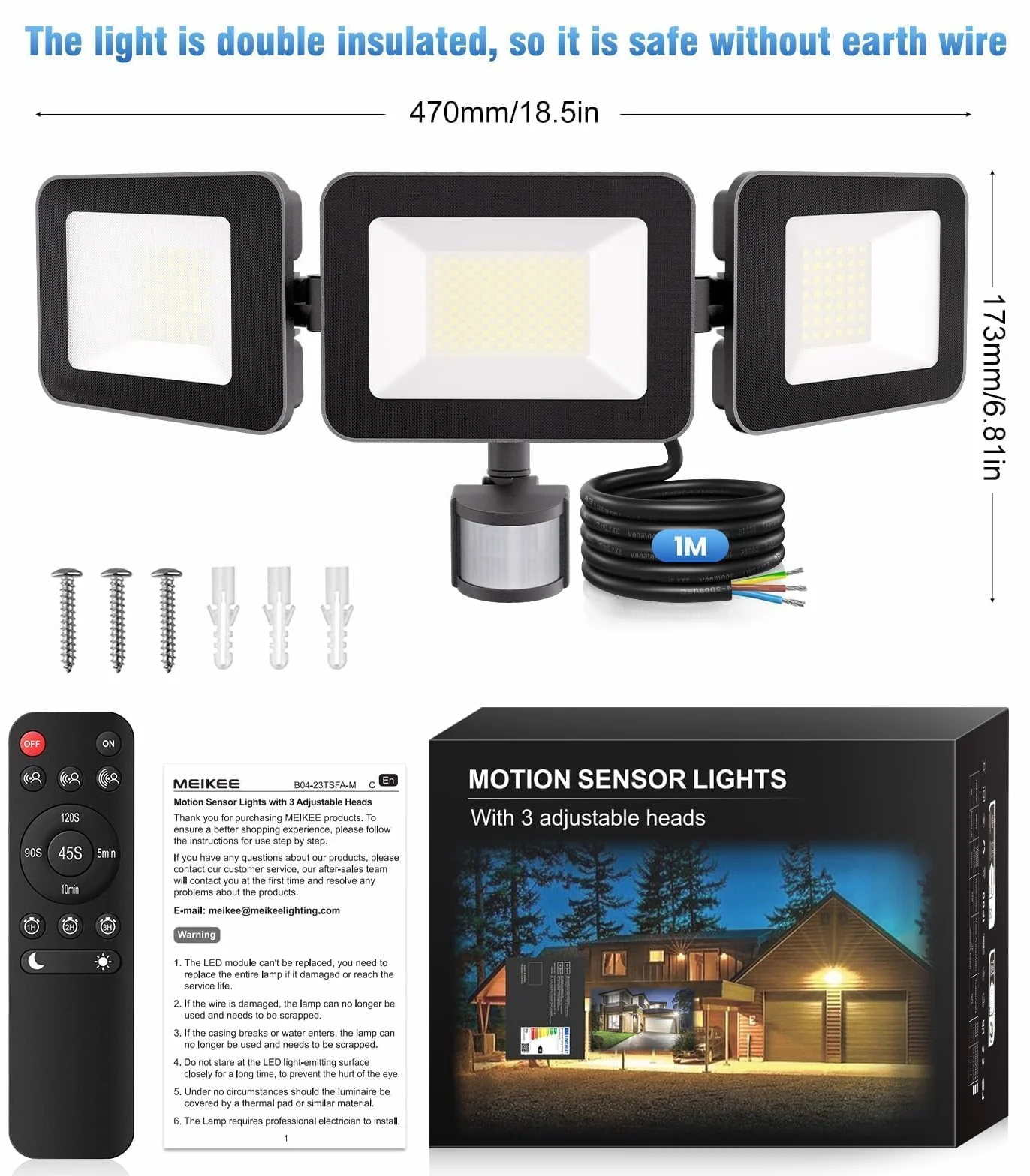 MEIHUA 100W LED Light Motion Sensor Remote Control 9600LM IP66 Waterproof 6500K 3-Head 270° Adjustable Outdoor Floodlight