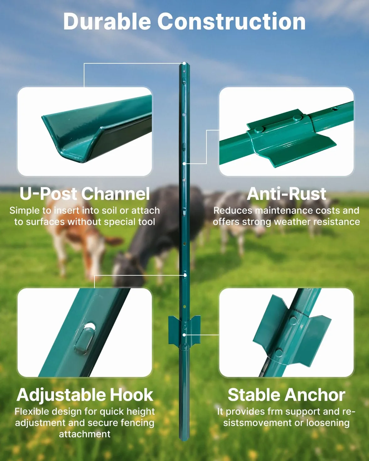ARIFARO Metalowe słupki ogrodzeniowe, 121 cm, 10 sztuk, wytrzymały, bez kopania, słupek ogrodowy, do ogrodzeń z drutu, stalowe słupki na podwórko, drut zewnętrzny