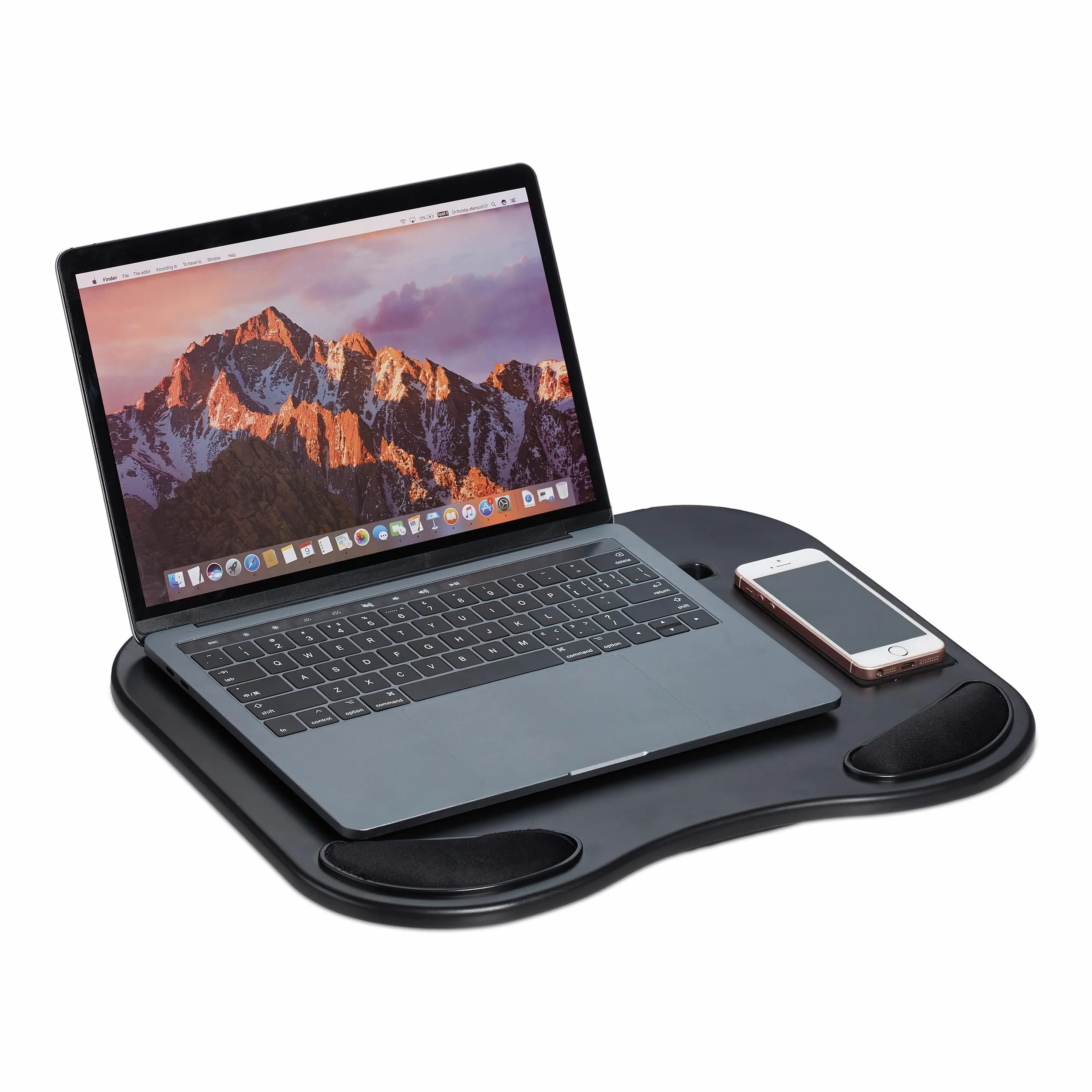 Relaxdays Poduszka na kolana laptop, podkładka pod rękę, półka na telefon komórkowy, taca na kolana ergonomiczna, do tabletu 11 cali, tworzywo sztuczne, czarna, 5,5 x 44 x 32 cm