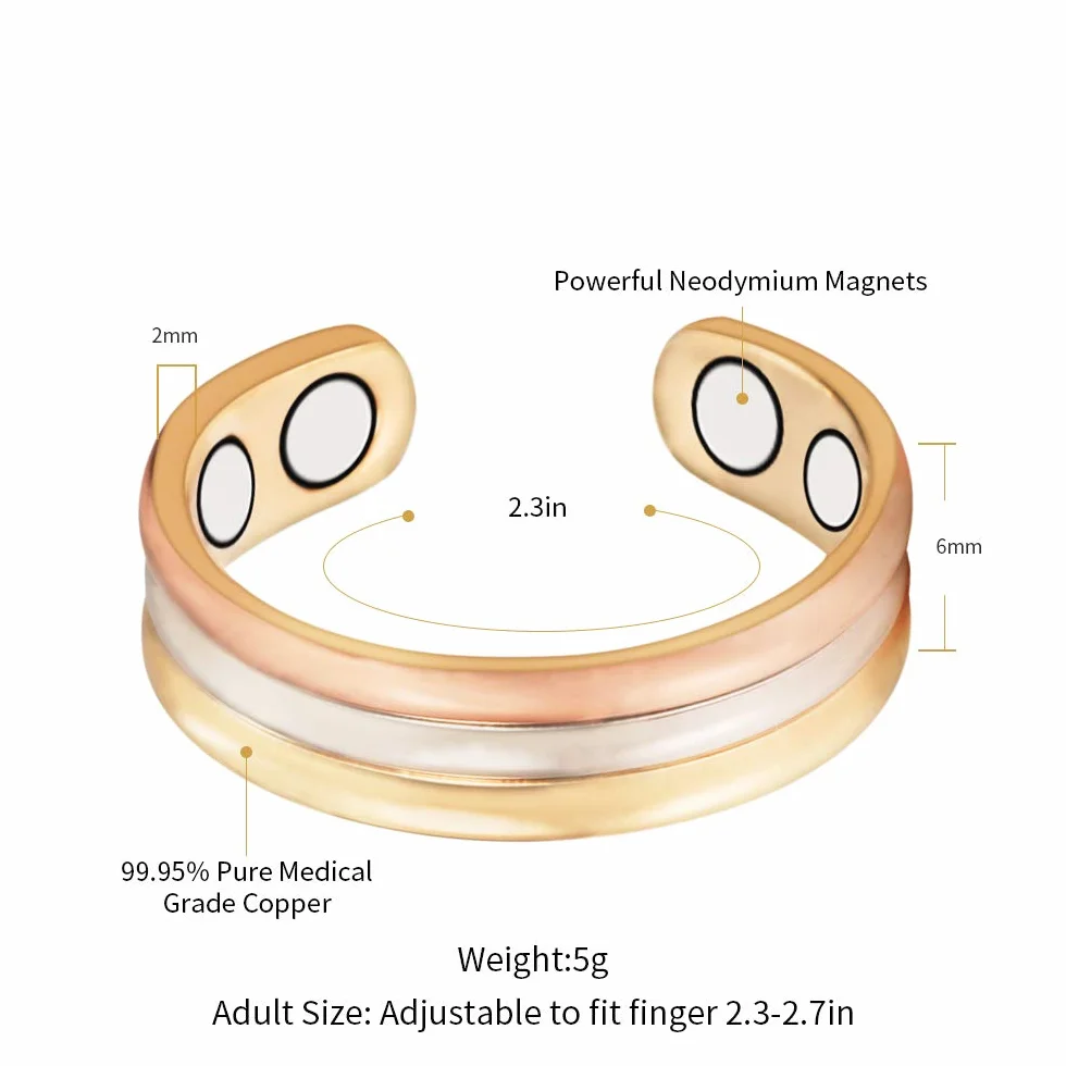 Tri Tone 3500 Gauss magnetyczne miedziane pierścienie dla kobiet lub mężczyzn, 99,95% miedziany pierścionek z 4 magnesami, regulowany rozmiar, prezent na Dzień Kobiet dla mamy, żony