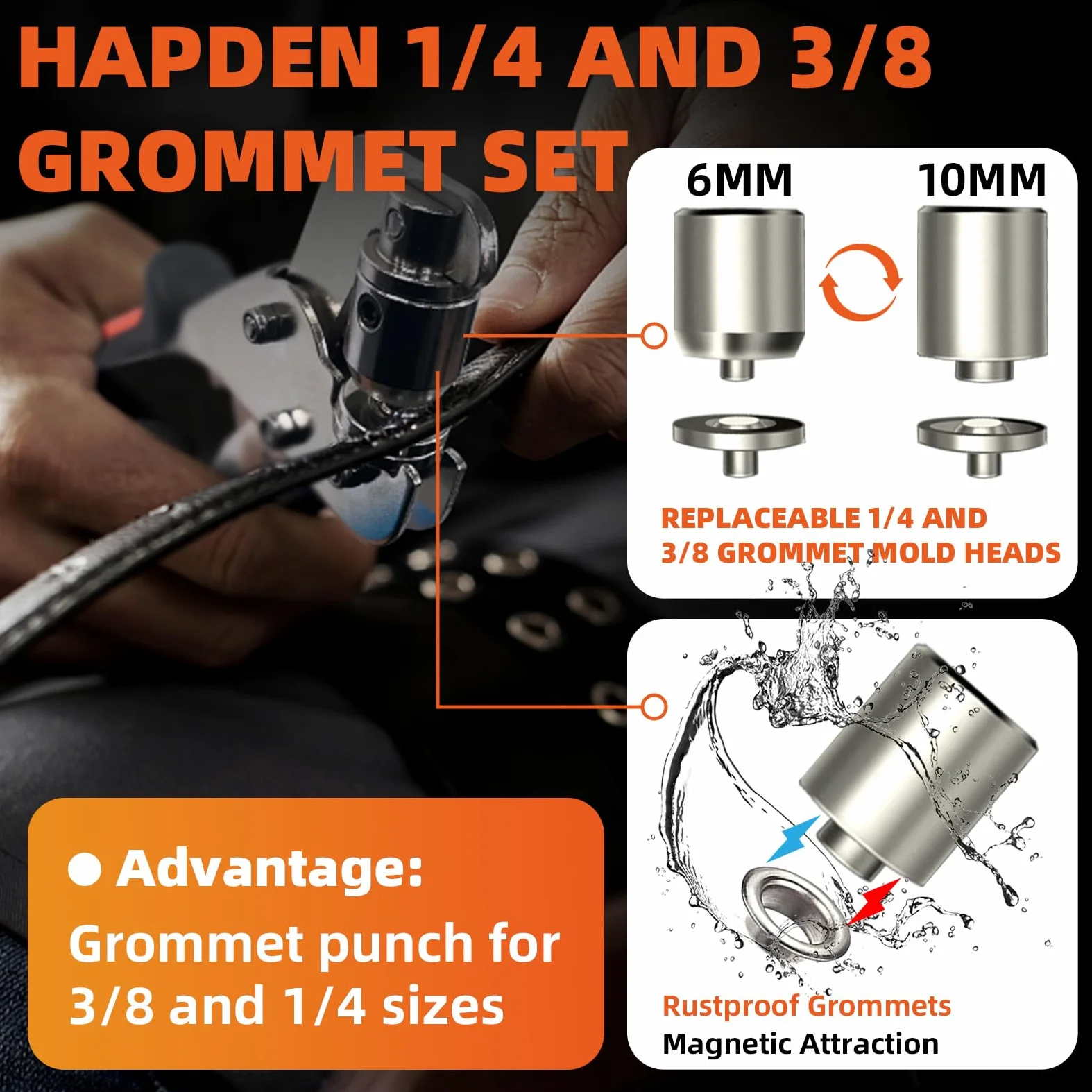 HAPDEN Grommet zestaw szczypiec do oczek, z opakowaniem szczypiec i 100 oczkami 10 mm i 100 oczek 6 mm, wymienne końcówki do oczek ręcznych, do plandek, tkanin, markiz, żagli przeciwsłonecznych ze