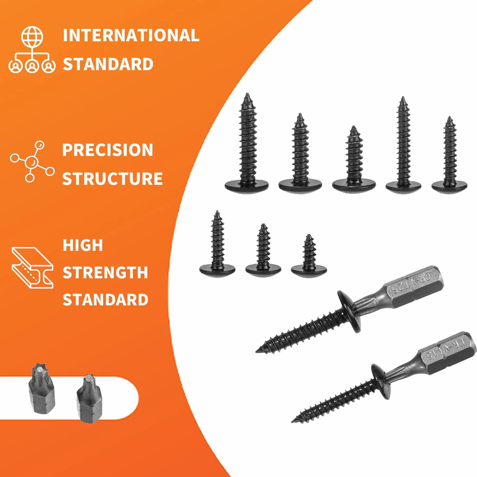 200 sztuk Wkręty M4.8 M3.9 do blachy, Wkręty samowiercące, Czarne, Wkręty do karoserii, Zestaw wkrętów do drewna Torx, Wkręty z płaskim czołem, Wkręty z łbem tarczowym z zestawem wkrętów Torx (Czarne