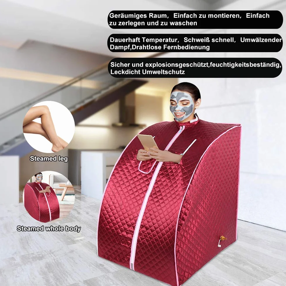 Sauna parowa do domu z namiotem i pilotem, generator pary SPA, 75x35x25 cm, czerwona