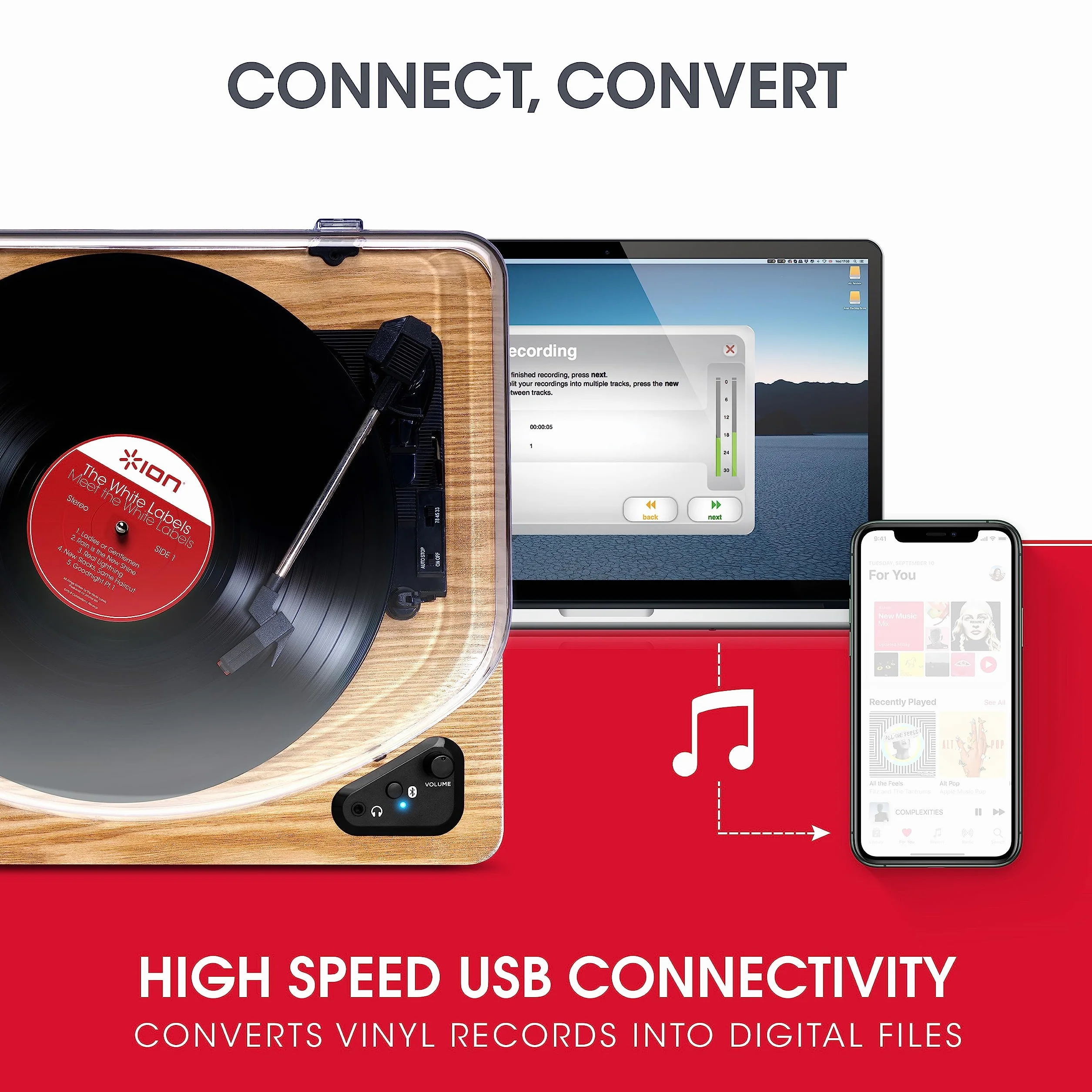 ION Audio Air LP – Gramofon z Bluetooth, wyjściem USB do zgrywania muzyki i 3 prędkościami – drewno naturalne