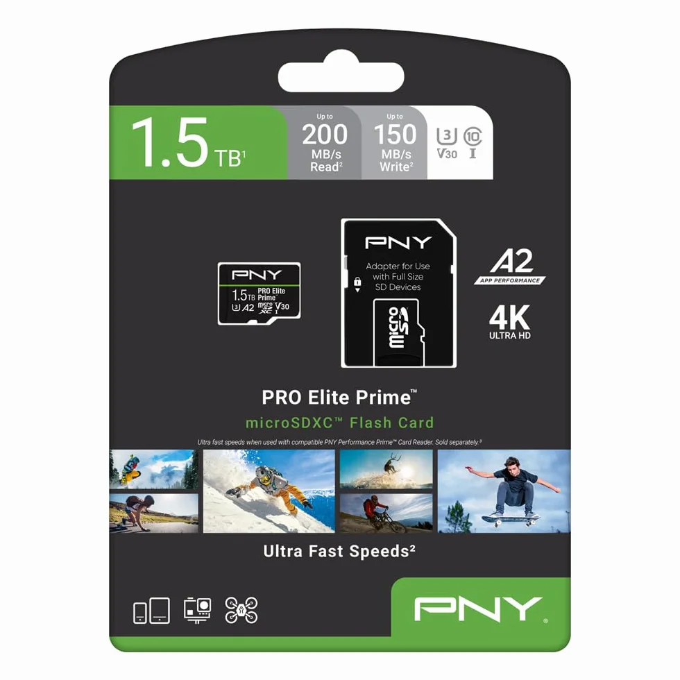 PNY 1.5TB PRO Elite Prime Class 10 U3 V30 A2 microSDXC Flash Memory Card + adapter SD do 200MB/s 4K UHD