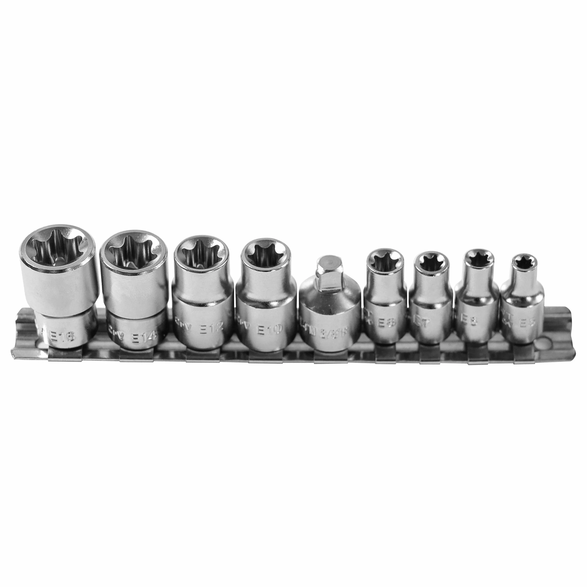 Högert HT1A884 zestaw kluczy nasadowych z narzędziami, ze stopu stali chromowo-wanadowej, zestaw 9 kluczy nasadowych Torx, srebrne, 1/4" E5-E8, 3/8 E10-E16, CRV