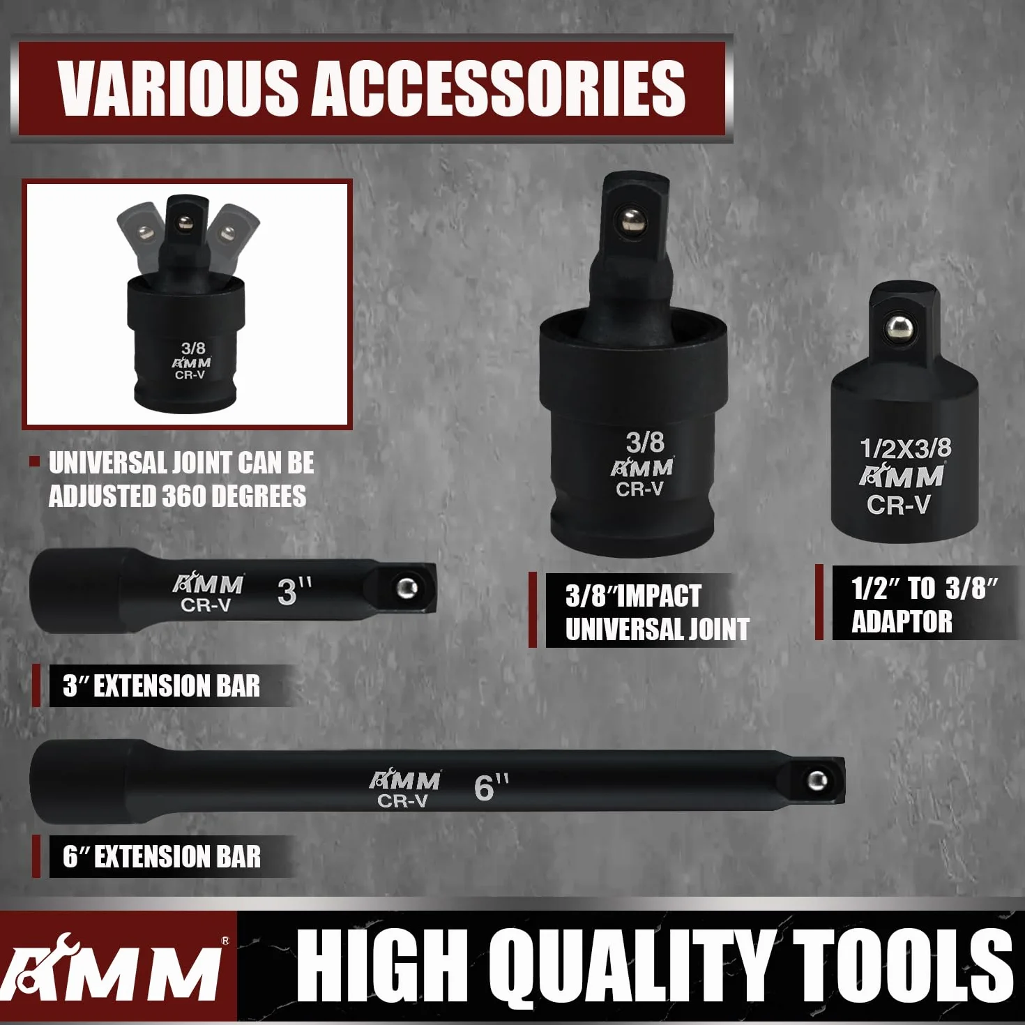AMM Zestaw nasadek udarowych 3/8”, 48 szt., standard SAE (5/16 do 3/4”), rozmiar metryczny (8–22 mm), drążek przedłużający 7,6 i 15,2 cm, uniwersalne złącze udarowe, adapter udarowy 3/8 do 1/2”, CR-V