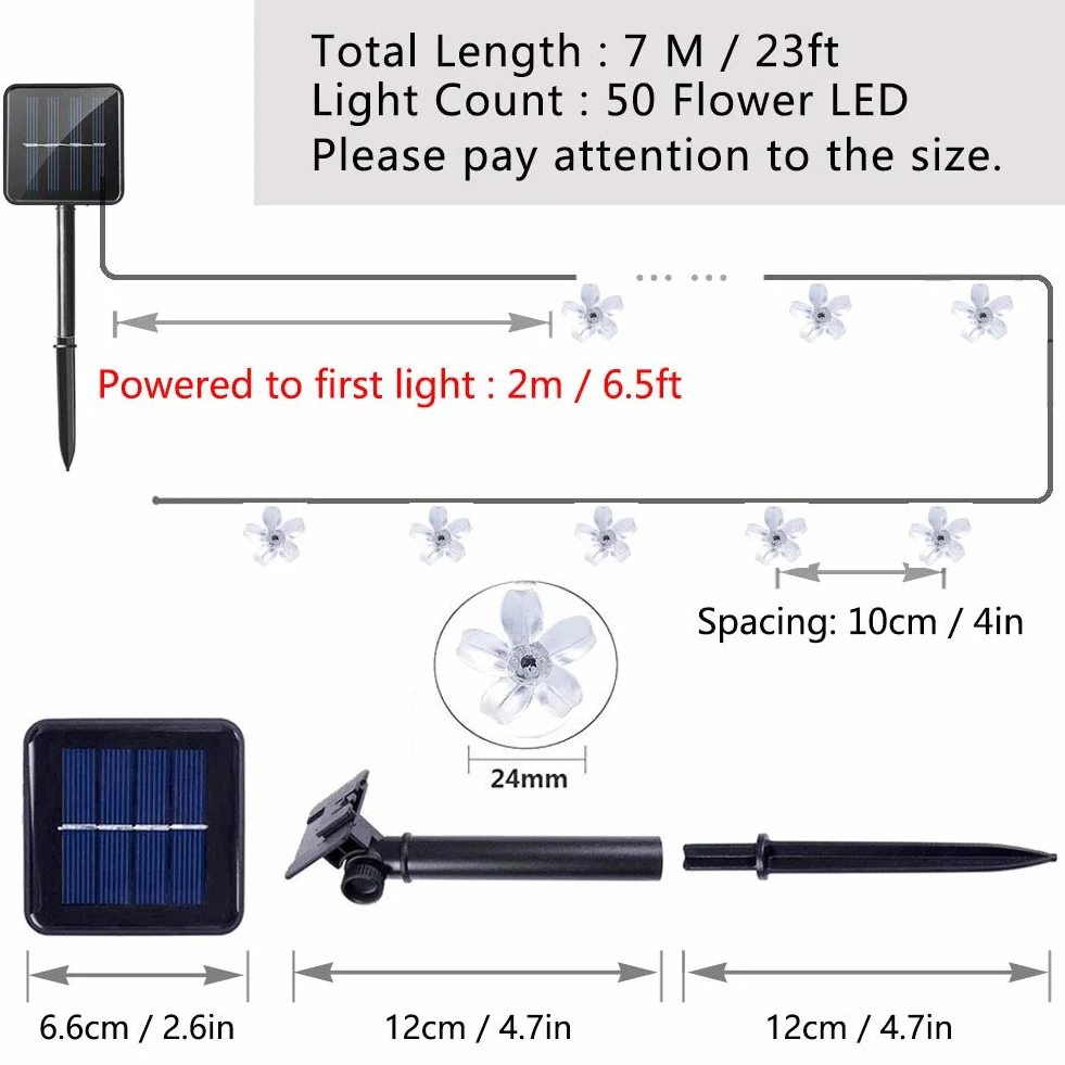 Solarny łańcuch świetlny na zewnątrz do ogrodu, 6,5 m, 50 diod LED, kwiaty, wodoodporny, zasilany energią słoneczną, łańcuch świateł, dekoracja, festiwal, kolorowe światło, na imprezę, ślub, patio, Boże Narodzenie, dekoracja, wielokolorowa