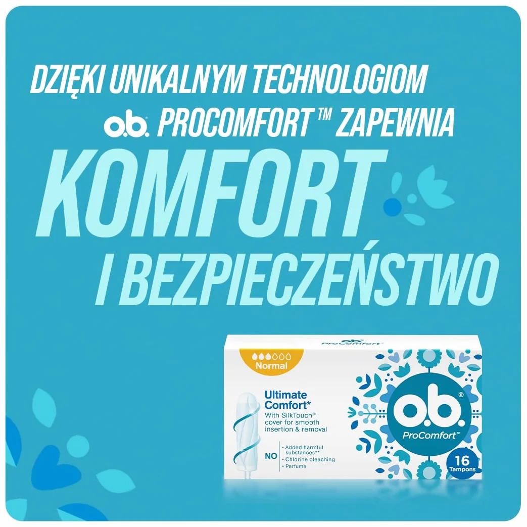 o.b. ProComfort Super Plus Tampony 32 szt., Łatwa aplikacja i usuwanie tamponu, Na bardzo obfite krwawienie, Wnętrze tamponu wykonane w 100% z materiałów pochodzenia roślinnego
