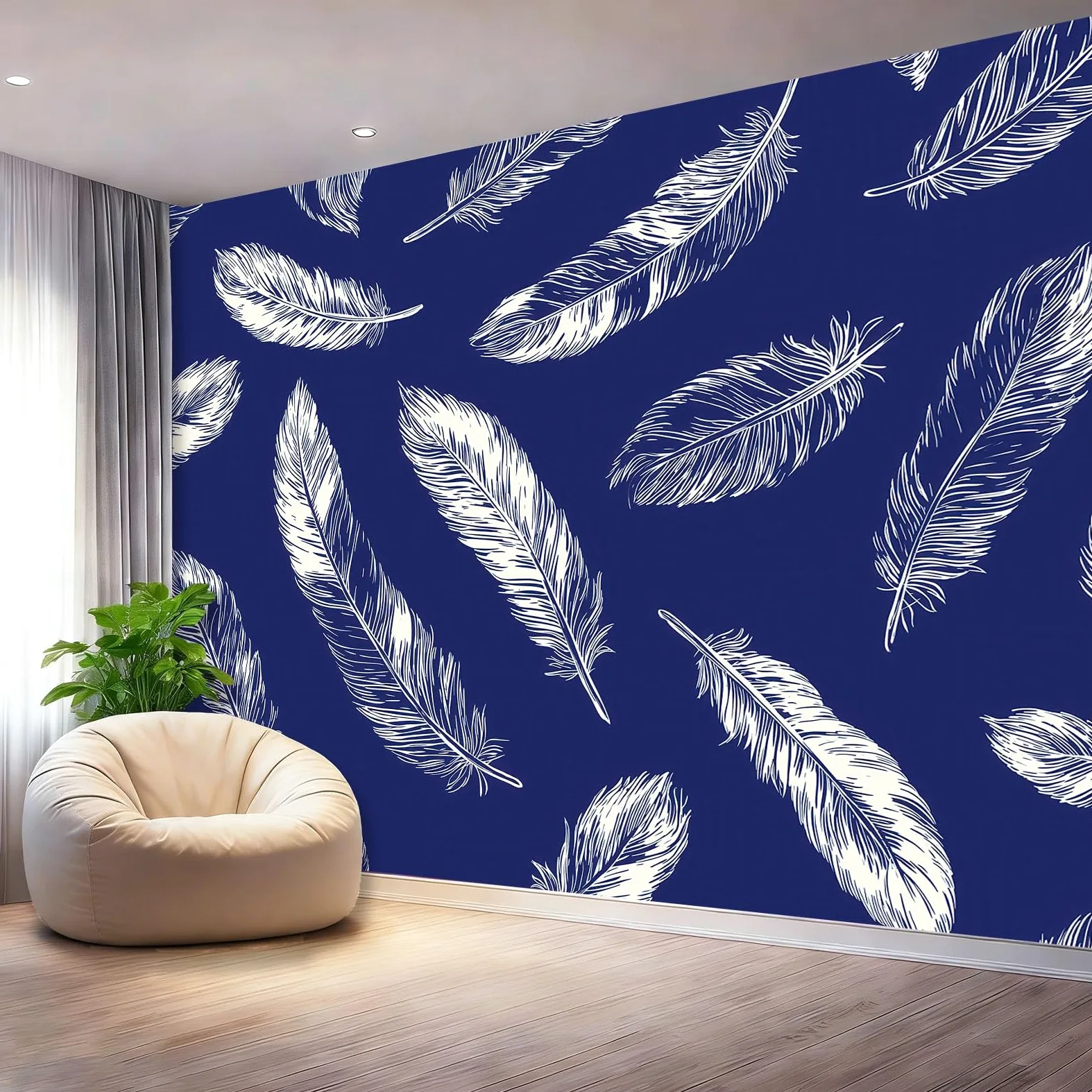 Fototapeta 300 x 210 cm ściany dekoracja salonu projekt minimalizm pióra tekstura do sypialni salonu tapeta z włókniny, granatowy biały
