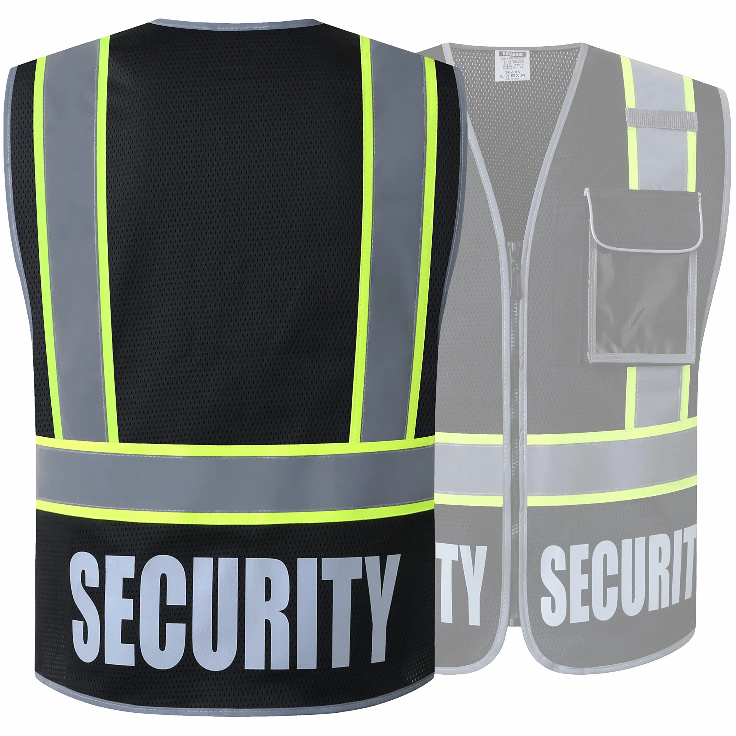 Retro-Reflection Security Safety Vests Heavy Duty Black Mesh with 5 Pockets and Front Zipper Meet ANSI/ISEA 107-2015 (Black-22, Medium)