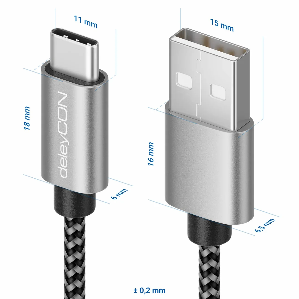 deleyCON 1m Nylon USB-C Kabel Ładowania Przewód Danych Metalowe Wtyki