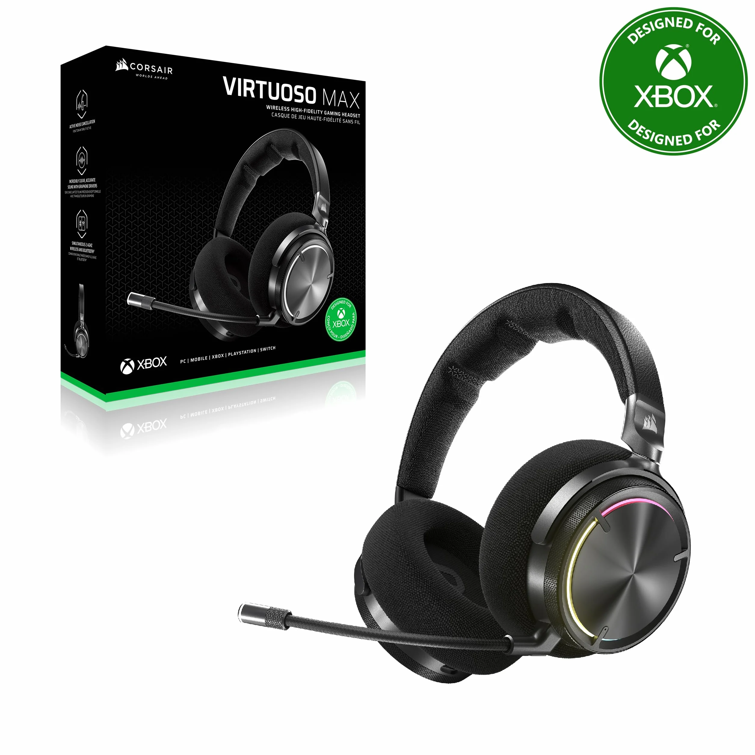 Corsair Virtuoso MAX bezprzewodowy zestaw słuchawkowy do gier Xbox Bluetooth Dolby Atmos aktywna redukcja szumów węgiel