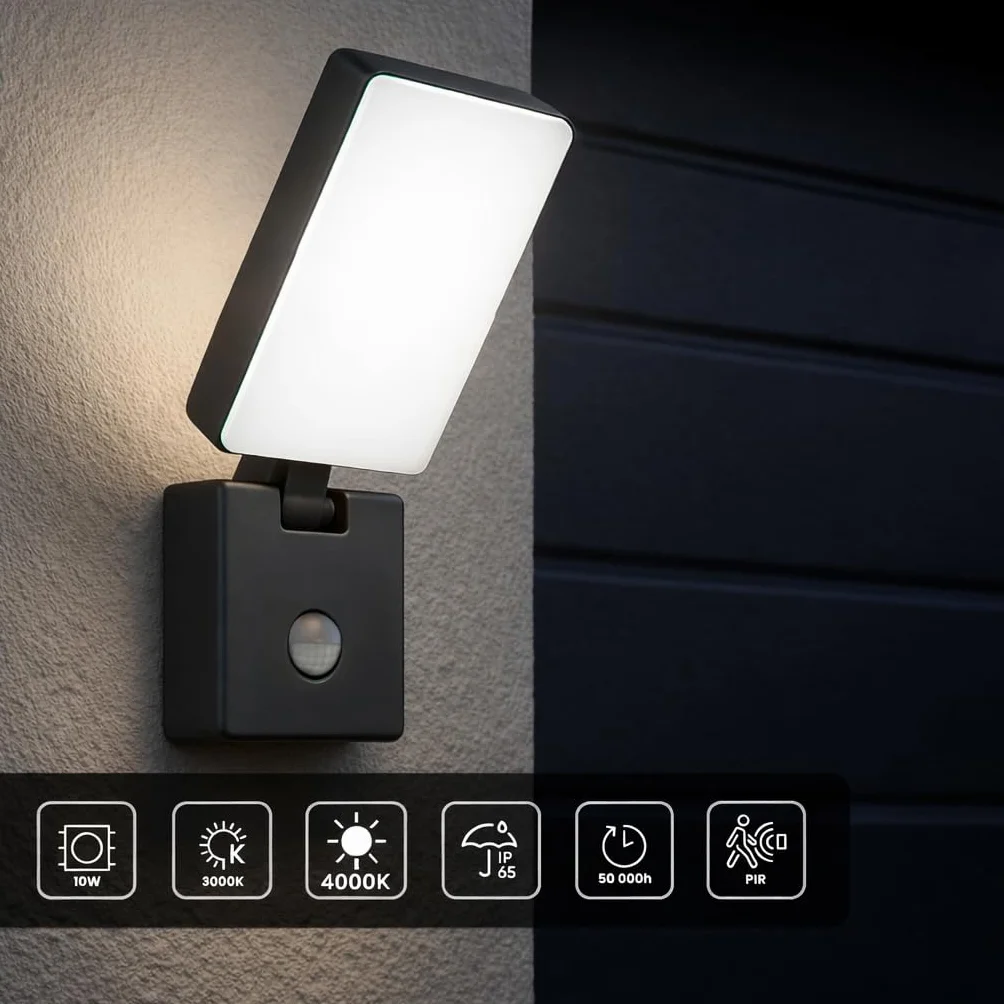 Lampa Led Zewnętrzna z Czujnikiem Ruchu PIR 4000K Barwa Neutralna Biel 800lm 10W Kinkiet Zewnętrzny Szeroki kąt świecenia >80° Oświetlenie Zewnętrzne na Taras Ogród Parking IP65 (szary)
