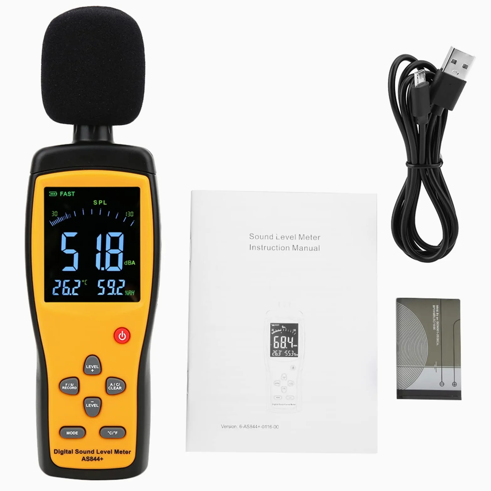 Fafeicy AS844+ Digital Decibel Meter Miernik Poziomu Szumu Miernika Szumu z Wyświetlaniem Danych LCD Storage 15000 Zestawów USB Pobierz do Ruchu Home Library Monitorowanie Szumów