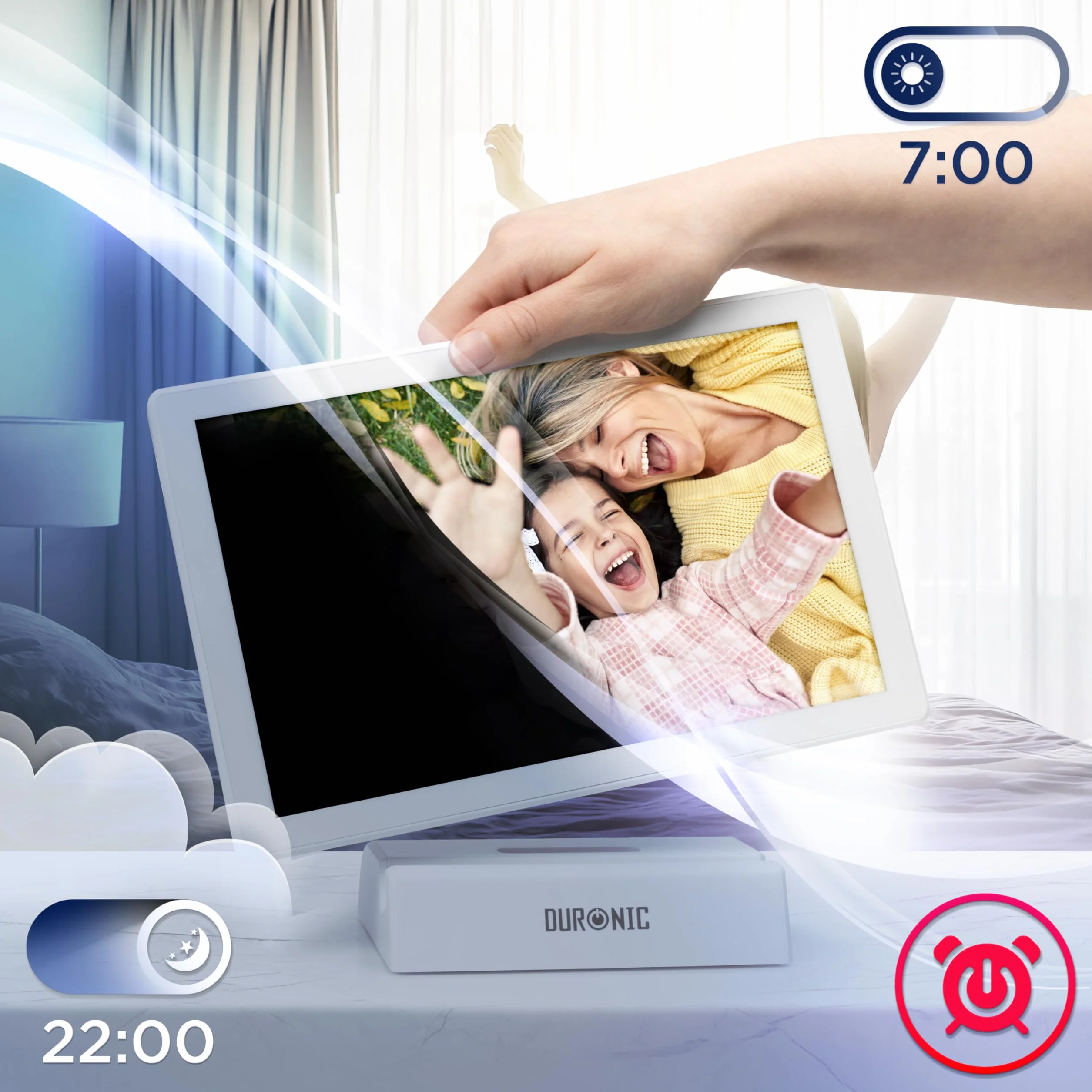 Duronic Frameo PF1D WE Ramka cyfrowa na zdjęcia Wi-Fi wbudowana pamięć 32 GB cyfrowa ramka na zdjęcia USB-C rozdzielczość 1280 x 800 Ekran dotykowy o przekątnej 10,1 cala