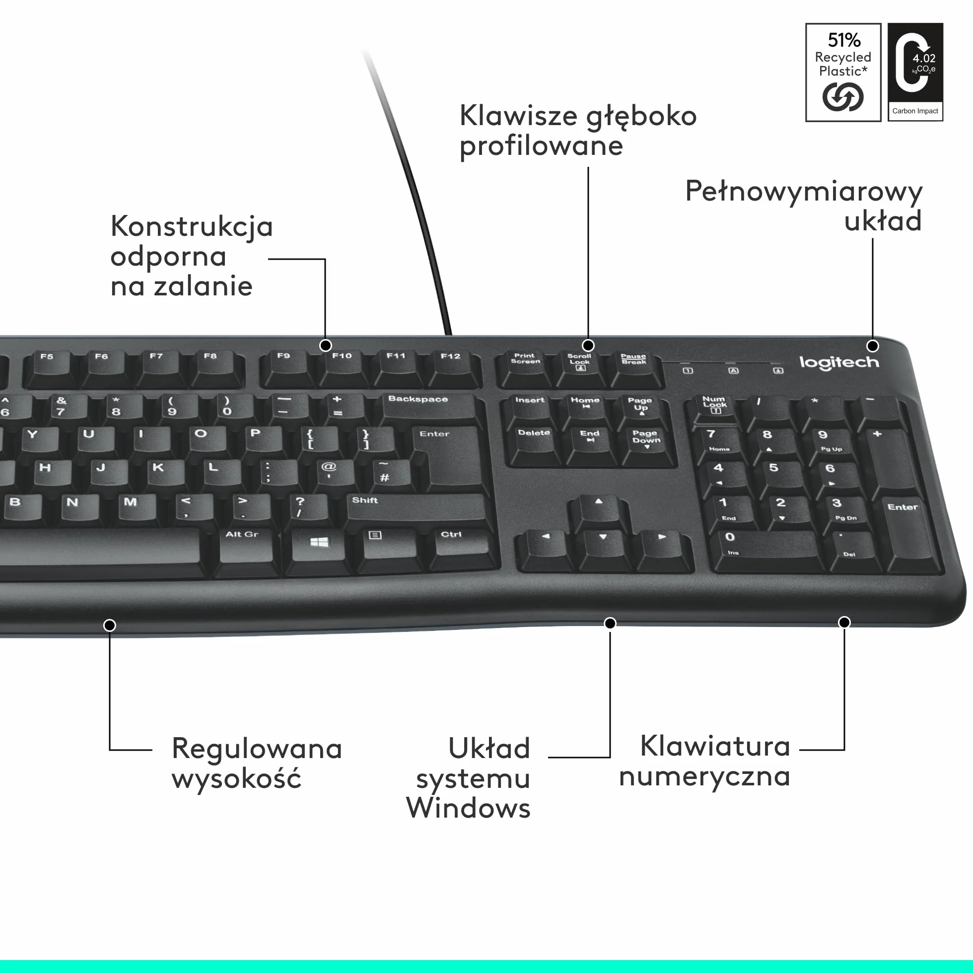 Logitech K120 Klawiatura Przewodowa dla systemu Windows, USB Plug-and-Play, pełnowymiarowa, odporna na zalanie, zakrzywiona spacja, zgodna z PC, laptopem, QWERTY układ US international - Czarny