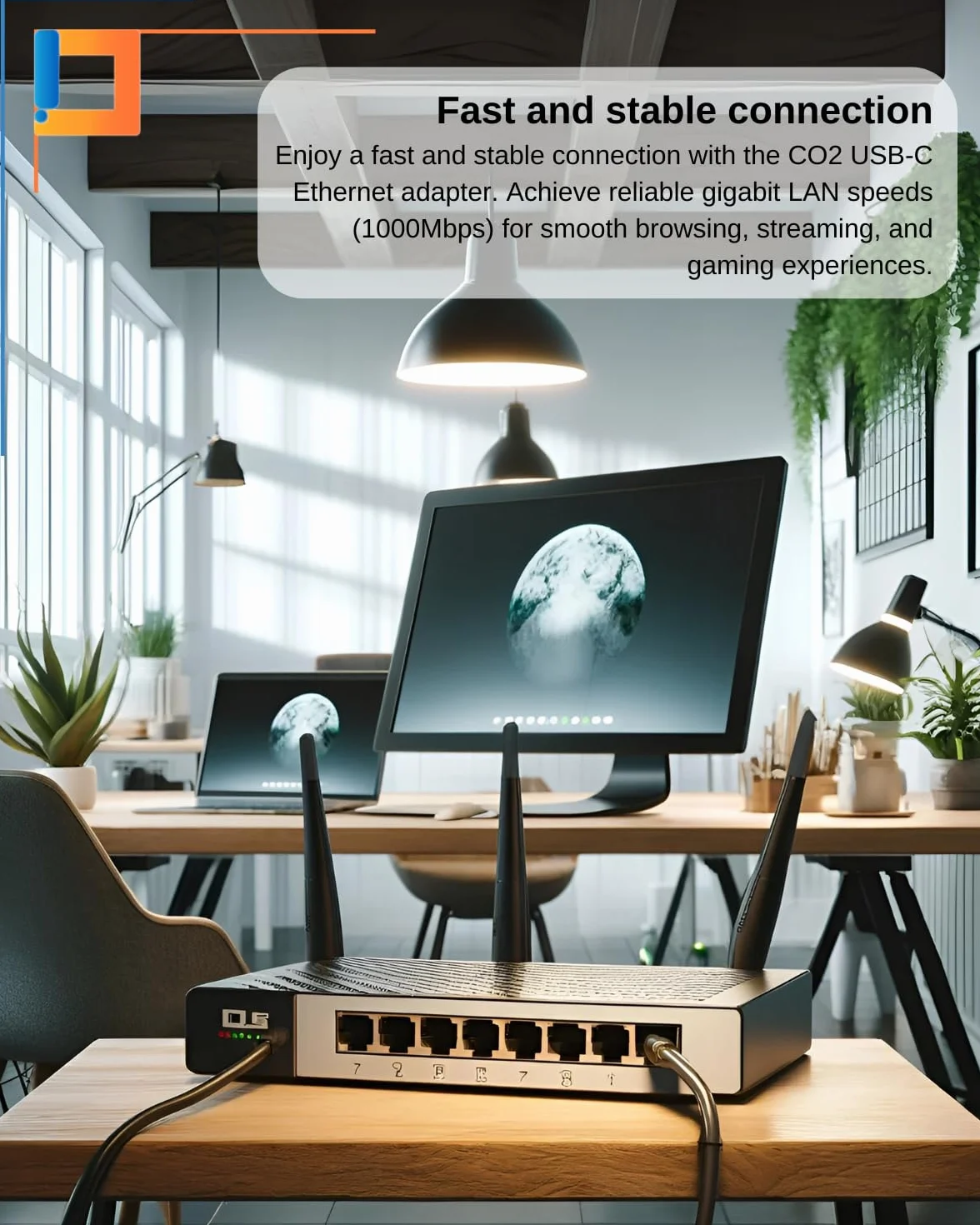 CO2 Karta sieciowa USB-C do Ethernet, Adapter Gigabit RJ-45 LAN 10/100/1000 Mbps, Plug & Play, Wskaźniki LED, Chip Realtek RTL8153, Aluminium Space Gray, Kompatybilny z MacBook, PC, TV Box (USB-C)