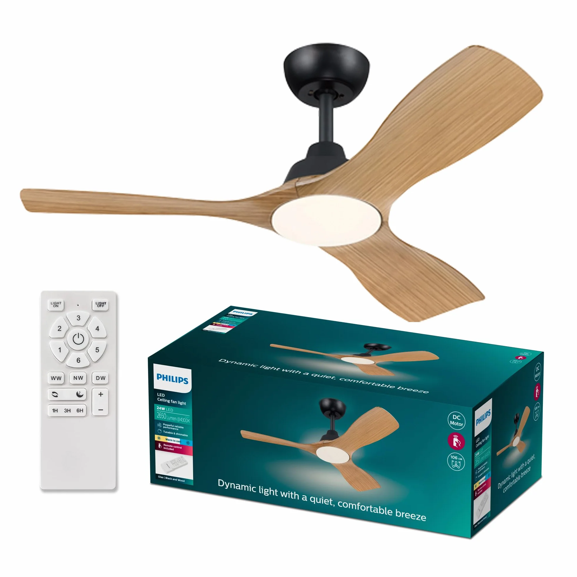 Wentylator sufitowy Philips Olas z 3 łopatkami, światłem LED 24W, silnikiem DC i funkcją regulacji temperatury barwowej (3000K-4300K-6500K) z możliwością przyciemniania, 42", czarny W zestawie pilot.
