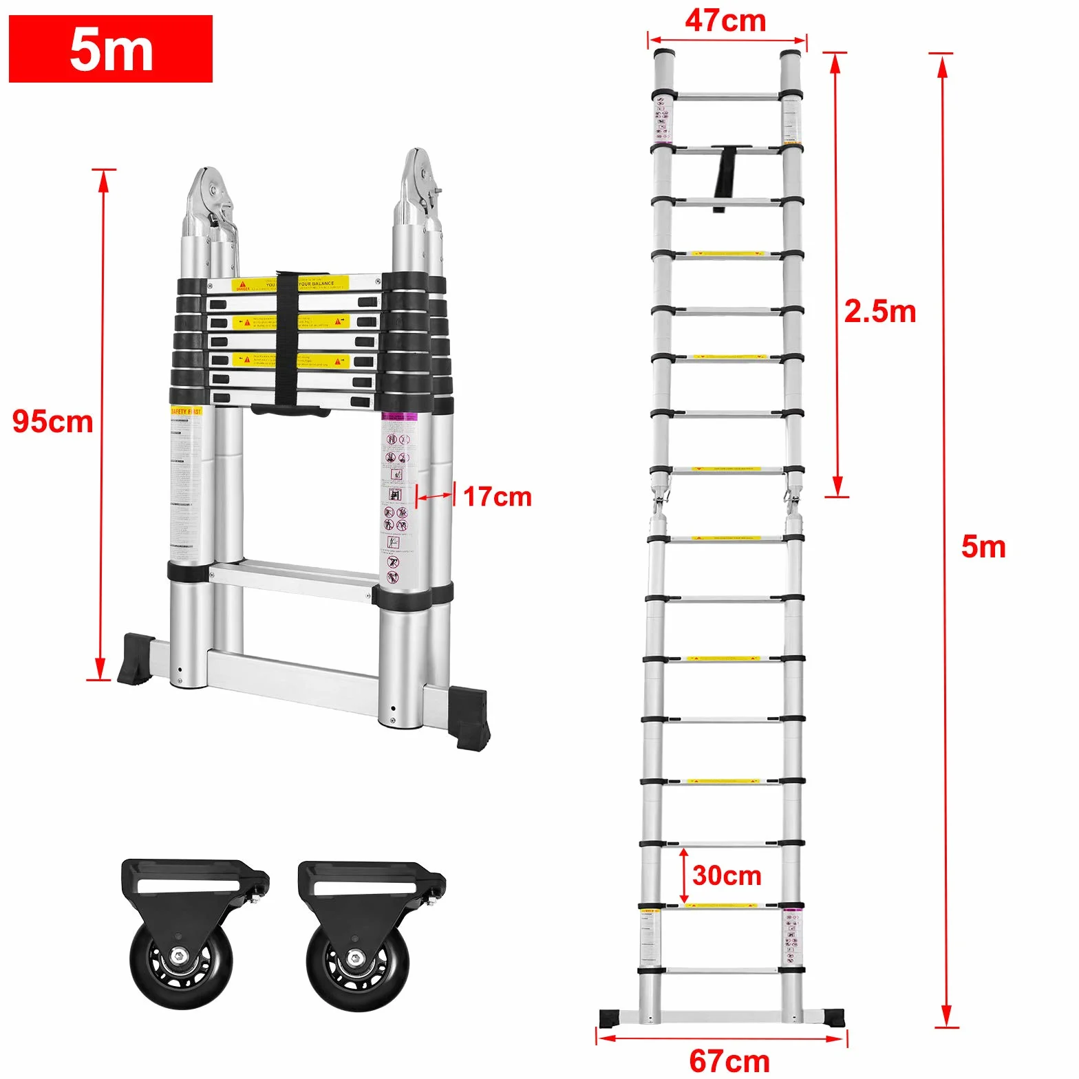 UISEBRT Składana drabina teleskopowa, 5 m, aluminiowa składana, rozsuwana, 2,5 m + 2,5 m, obciążenie do 150 kg, srebrna