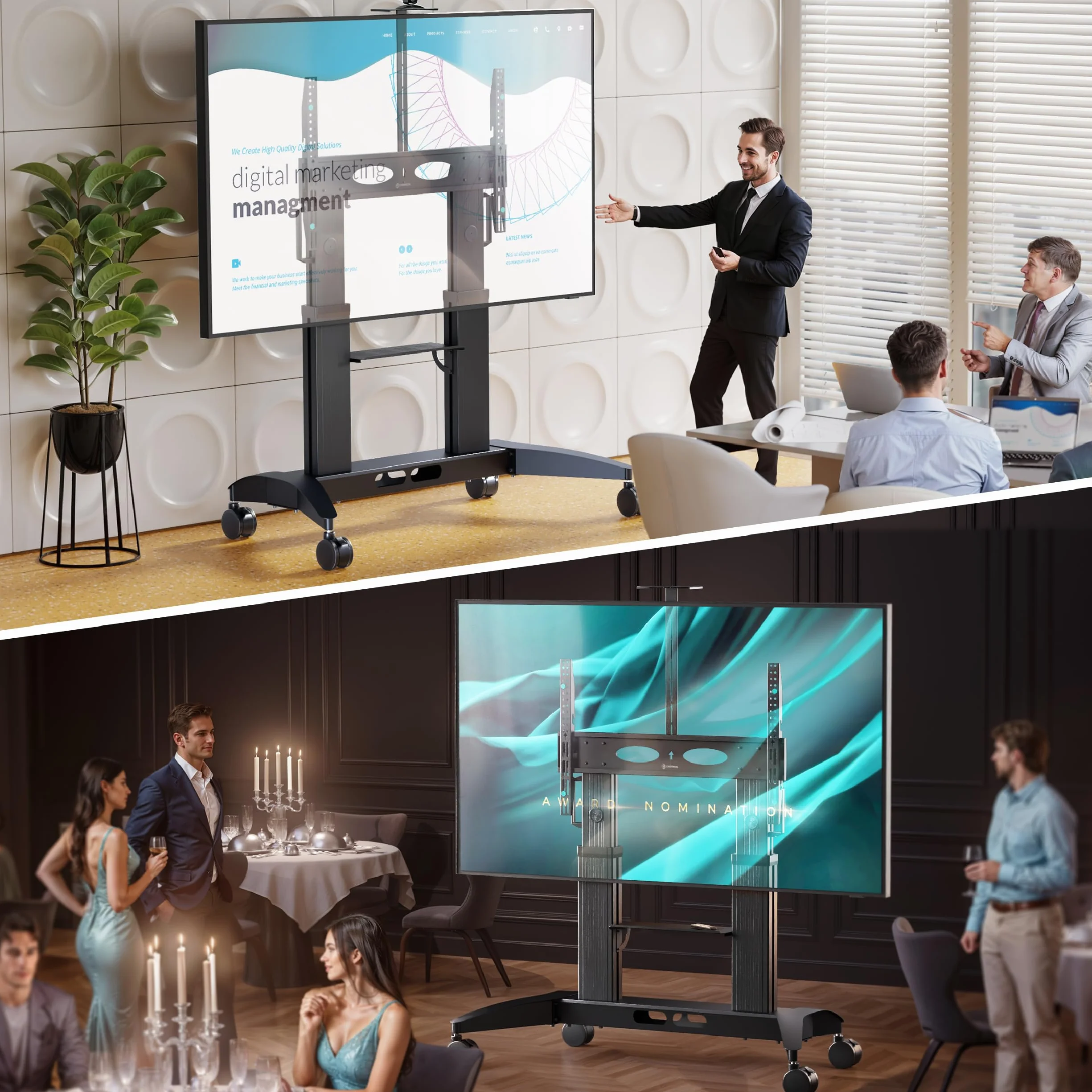 ONKRON Mobilny Stojak TV 32-75 cali, Nośność 60 kg, VESA 200x200-600x400, Regulacja Wysokości, Półka AV, Czarny