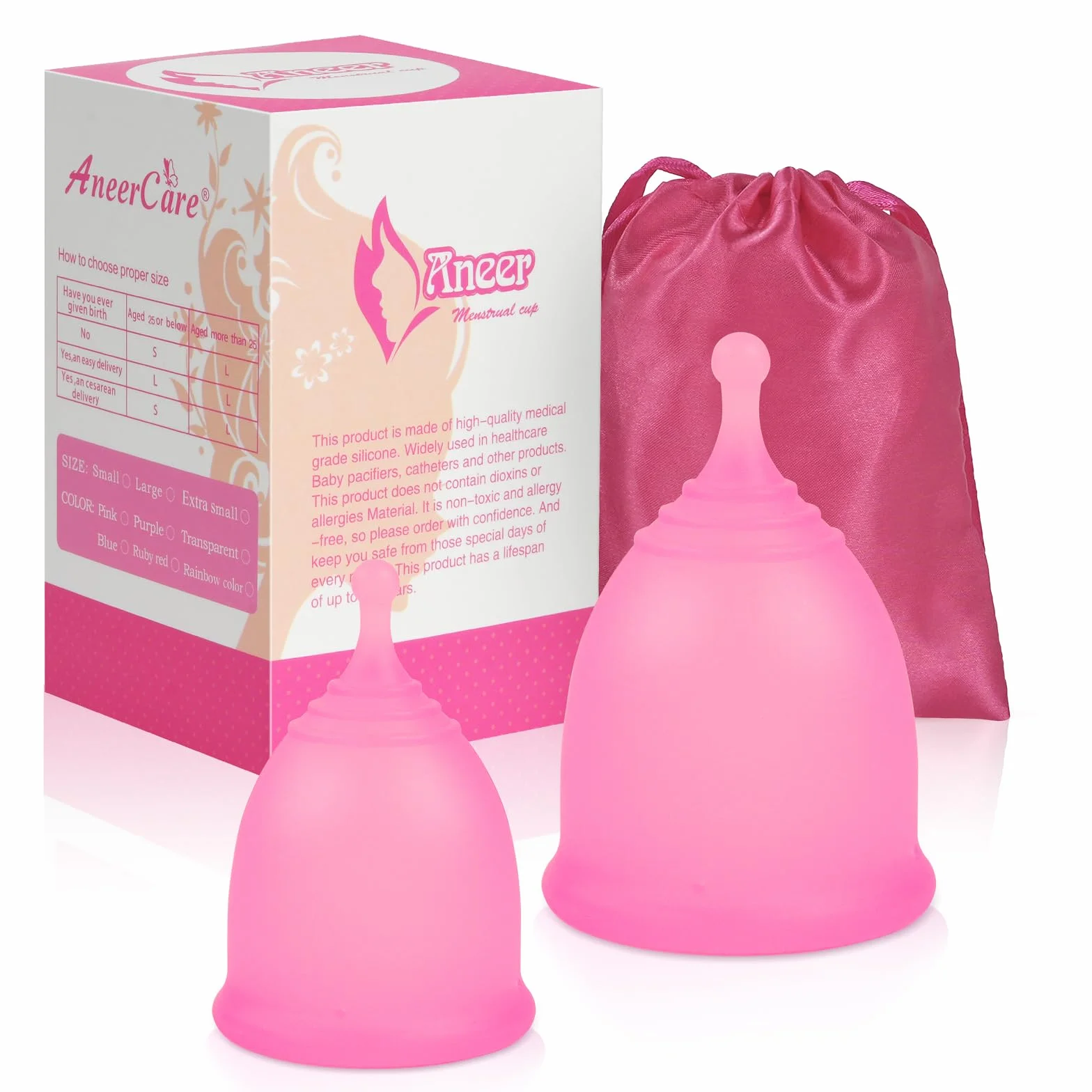 ACWOO Kubek menstruacyjny, 2 szt. silikonowych kubków menstruacyjnych klasy medycznej (rozmiar S i L), miękkie, wygodne kubki menstruacyjne wielokrotnego użytku, produkty higieniczne do pielęgnacji