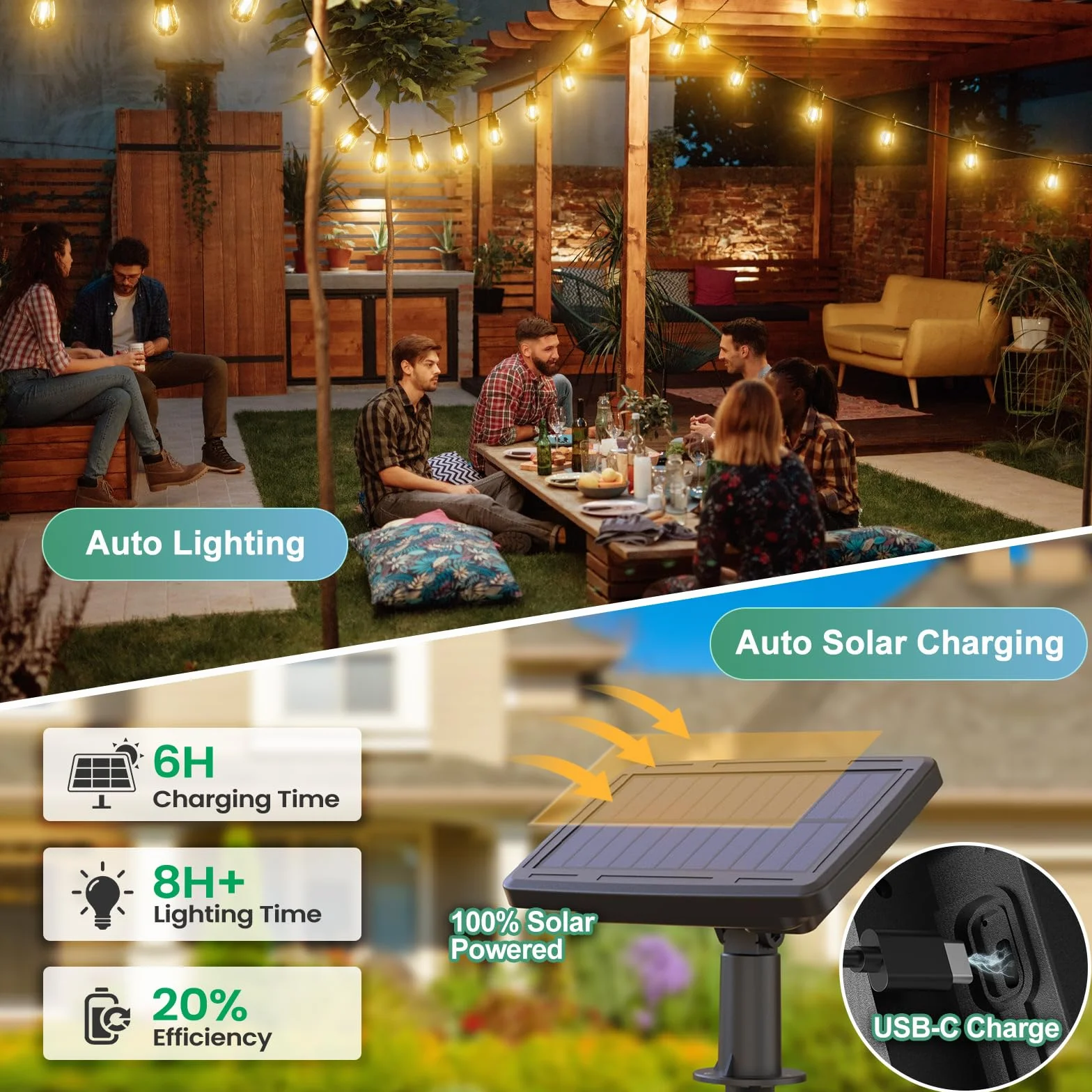Quntis Łańcuch świetlny 31 m, IP65, nietłukące się żarówki, pilot, ładowanie solarne/USB C, timer, automatyczne ściemnianie, wodoszczelny, do ogrodu, na balkon, taras, imprezę, podwórko