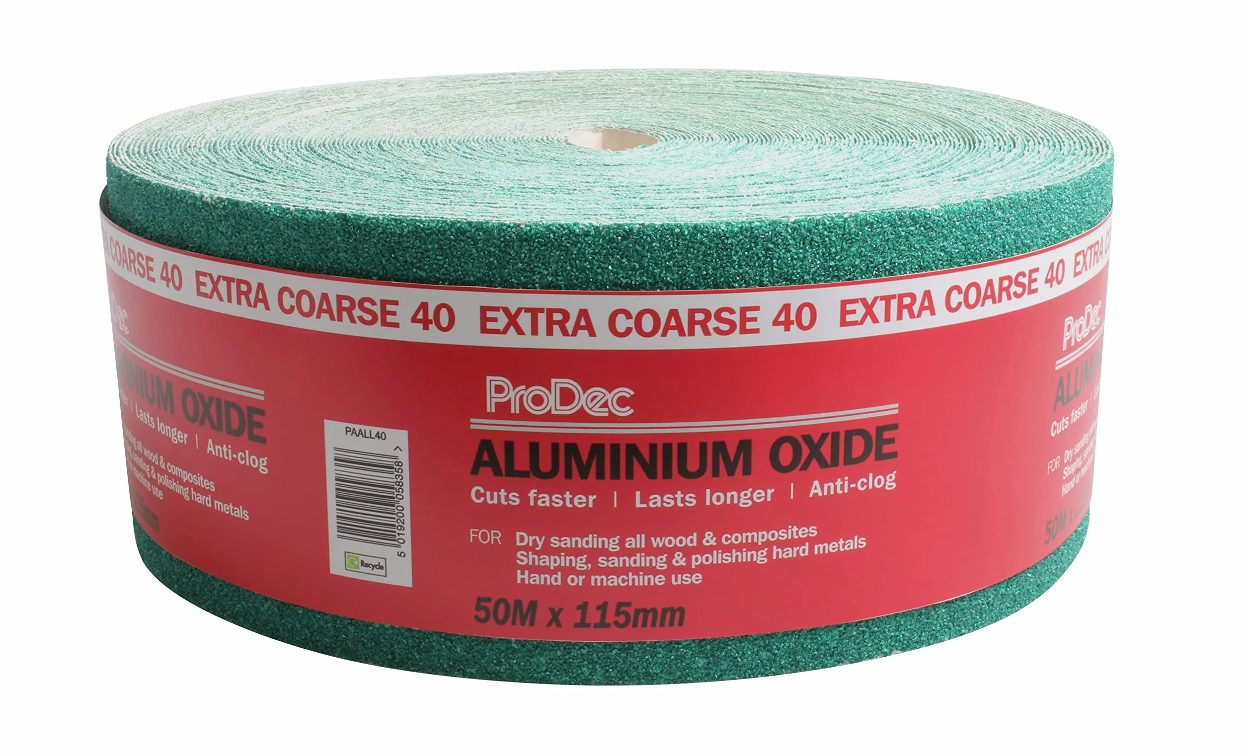 ProDec 50m rolka 40 Grit Extra Coarse Grade Zielony papier ścierny z tlenku glinu do szlifowania drewna, farby, tynku, szpachli, metalu i innych materiałów, szerokość 115 mm