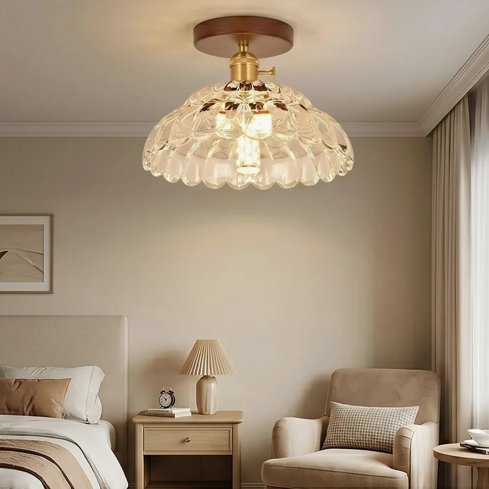 Nowoczesna lampa sufitowa ze szkłem, półwpuszczany żyrandol w stylu vintage, z podstawą z drewna orzechowego, zapiekanka lampa sufitowa z połowy wieku do przedpokoju, przedpokoju, garderoby, sypialni