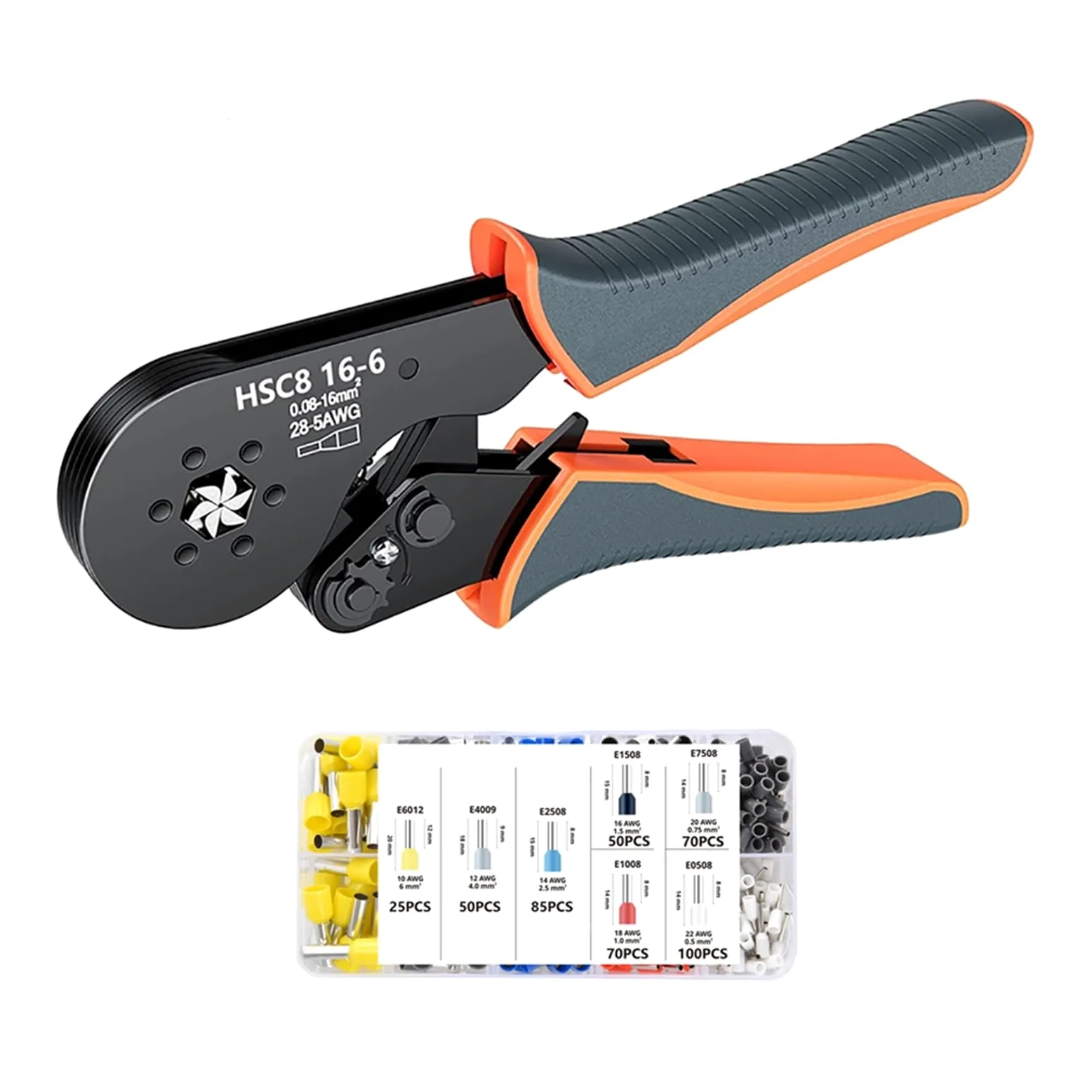 HSC8 16-6 Sześciokątne Narzędzie Do Zaciskania Tulejek Kablowych, Samoregulujące Szczypce Ratchat 0.08-16mm² Końcówek Tulejkowych Precyzyjny, OszczęDzająCy Pracę(HSC8 16-6 450PCS)