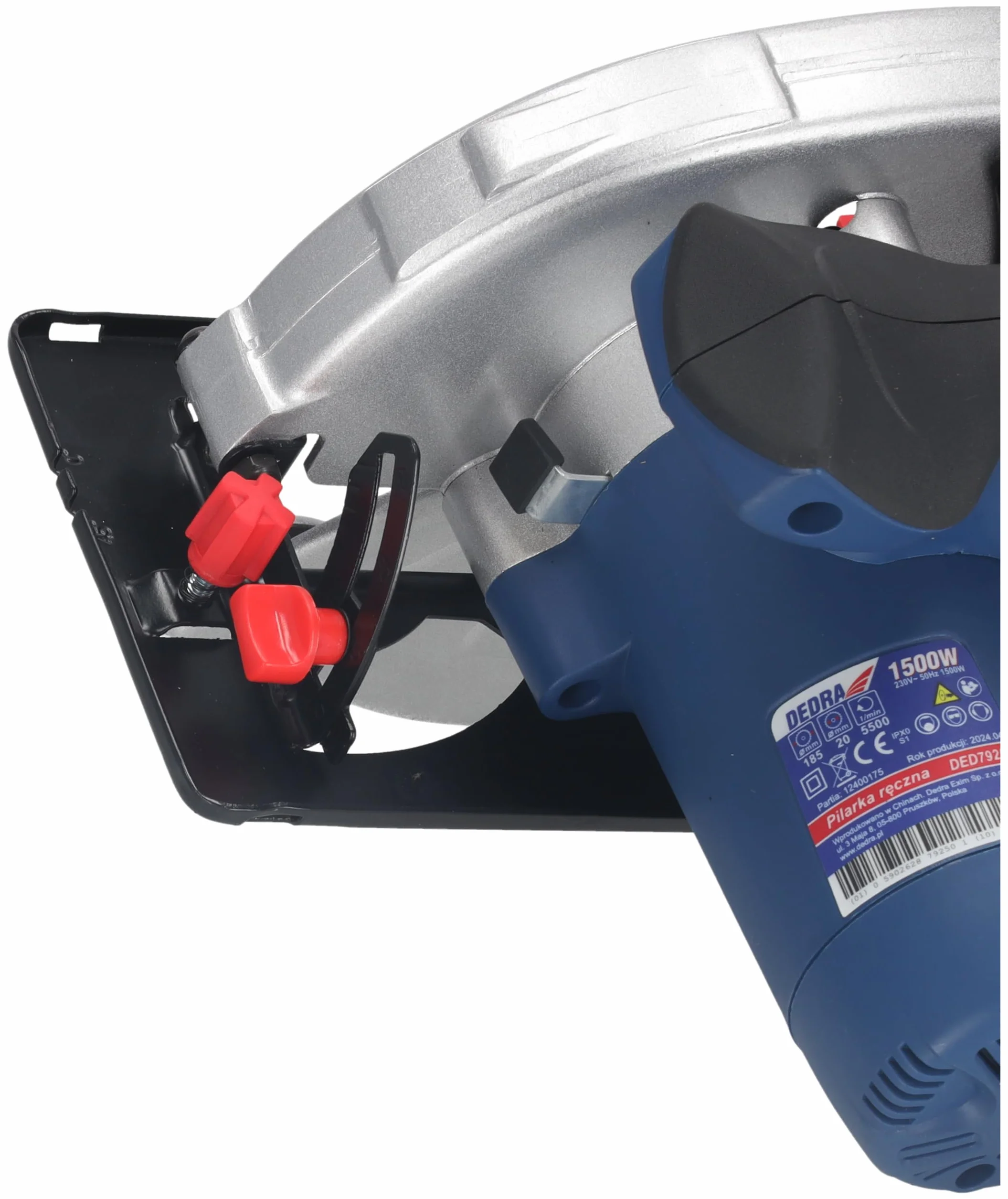 Ręczna piła tarczowa DEDRA mocna 1500 W, brzeszczot do piły tarczowej Ø 185 mm, maks. głębokość cięcia 66 mm, ergonomiczna lekka waga 4,4 kg, softgrip, do drewna i wielu innych