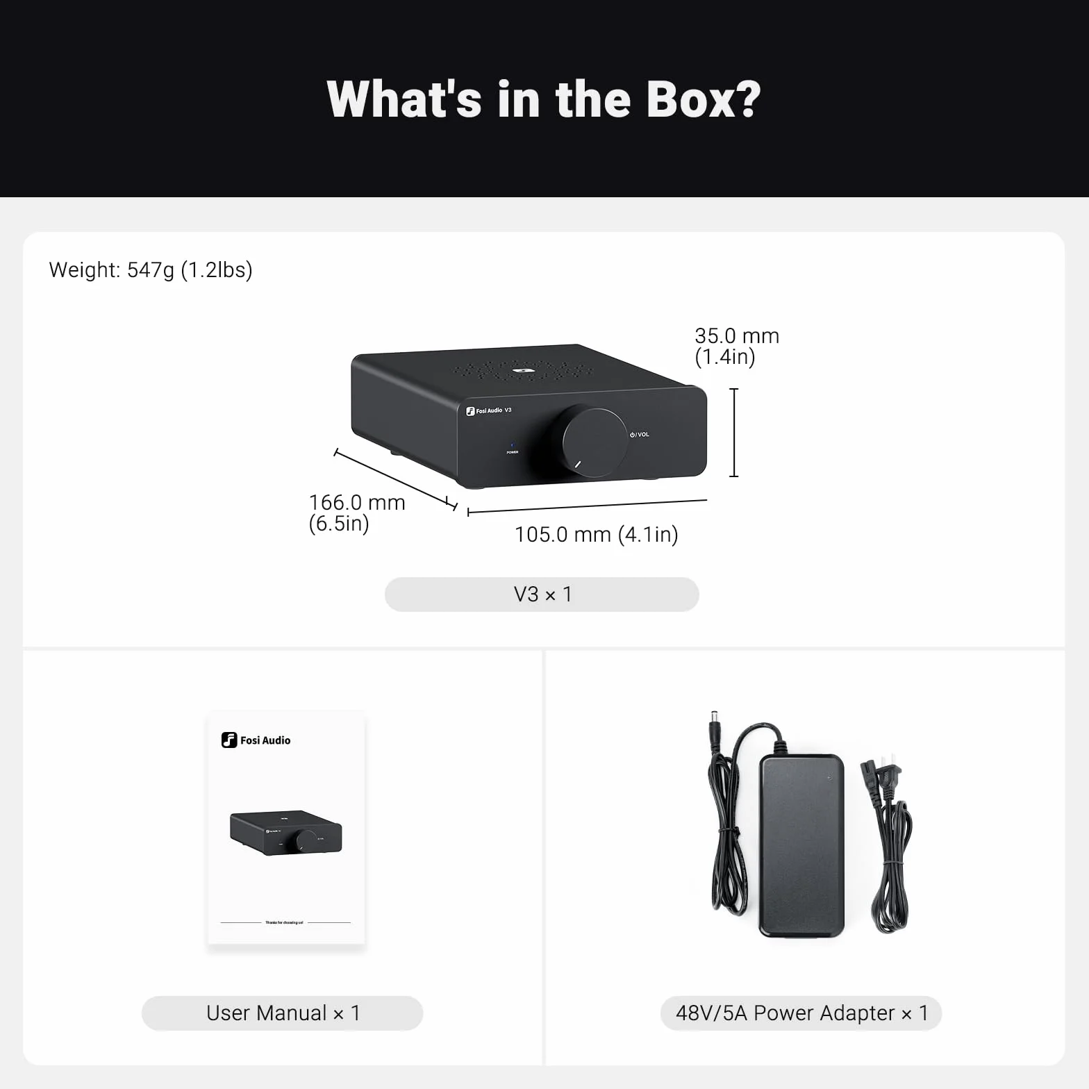 Fosi Audio Wzmacniacz HiFi V3 600 W, TPA3255 Mini 2.0CH klasa D Stereo wzmacniacz 300 W x 2, wzmacniacz do głośników, w zestawie zasilanie 48 V/5 A