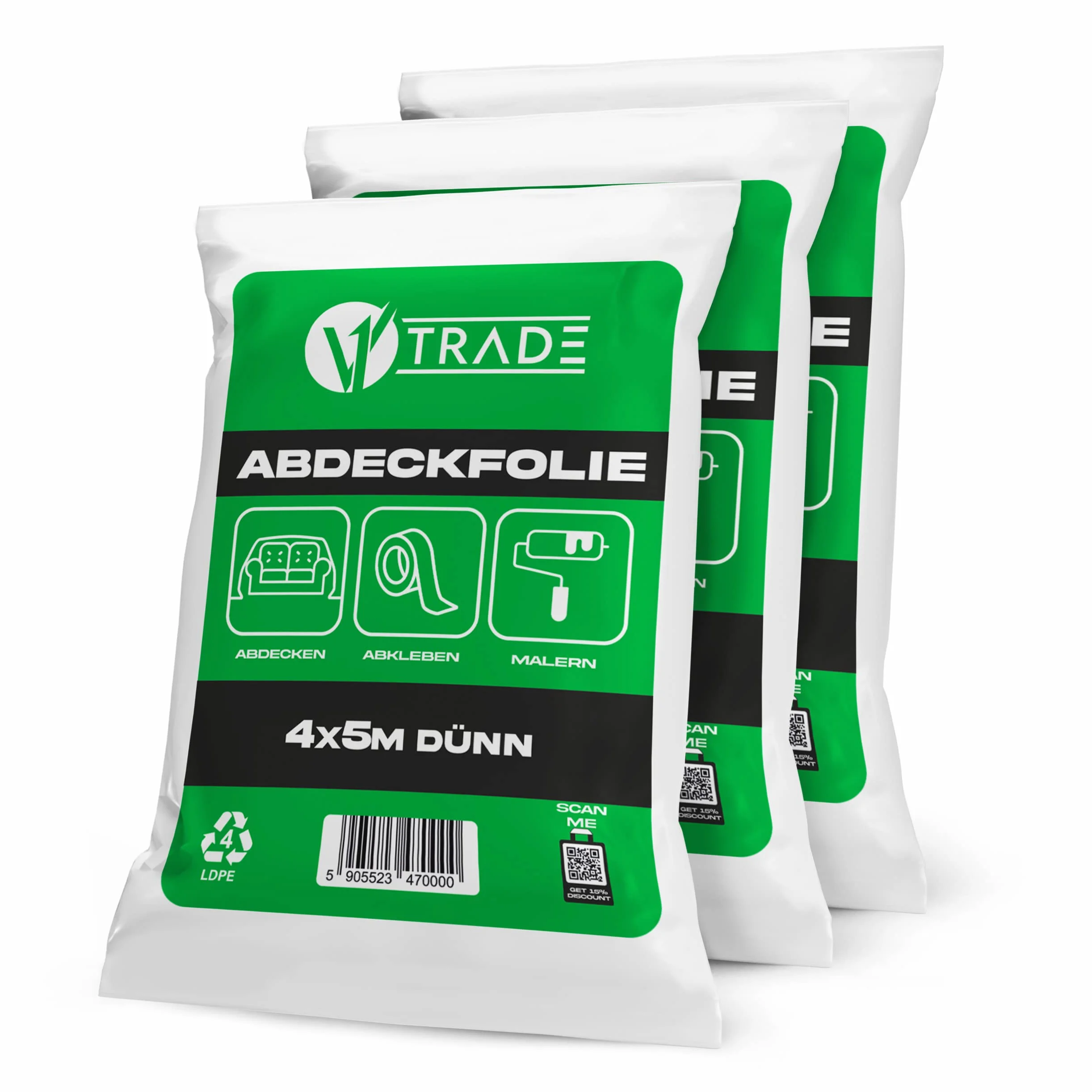 V1 Trade Folia Maskująca Maler 4 m/5 m - 3 x Malarska Bardzo Mocna 240 g - Materiał LDPE - Samoprzylepna - Chroniąca Przed Kurzem - Idealna Do Ochrony Mebli i Podłóg